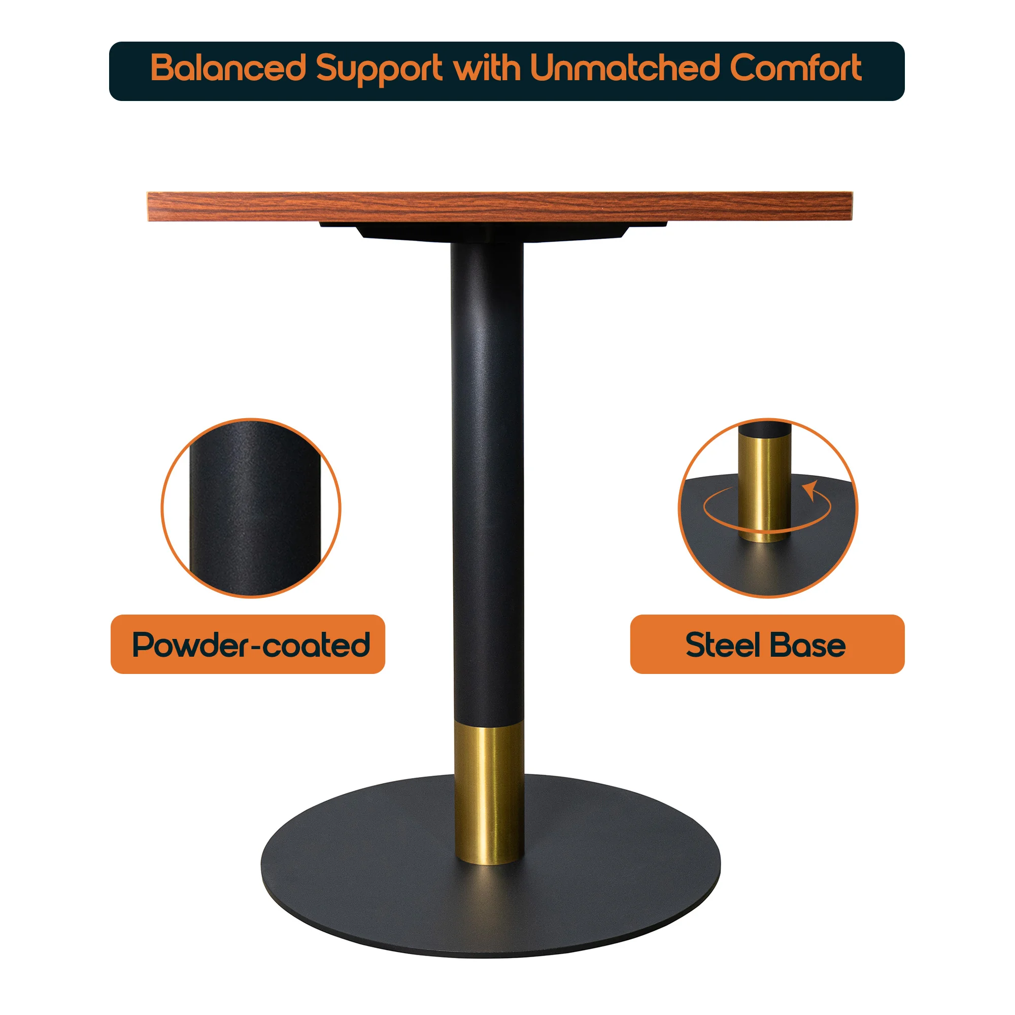 Vail Collection Dining Table Black/Gold Base With 24" Square Cognac Brown MDF Top