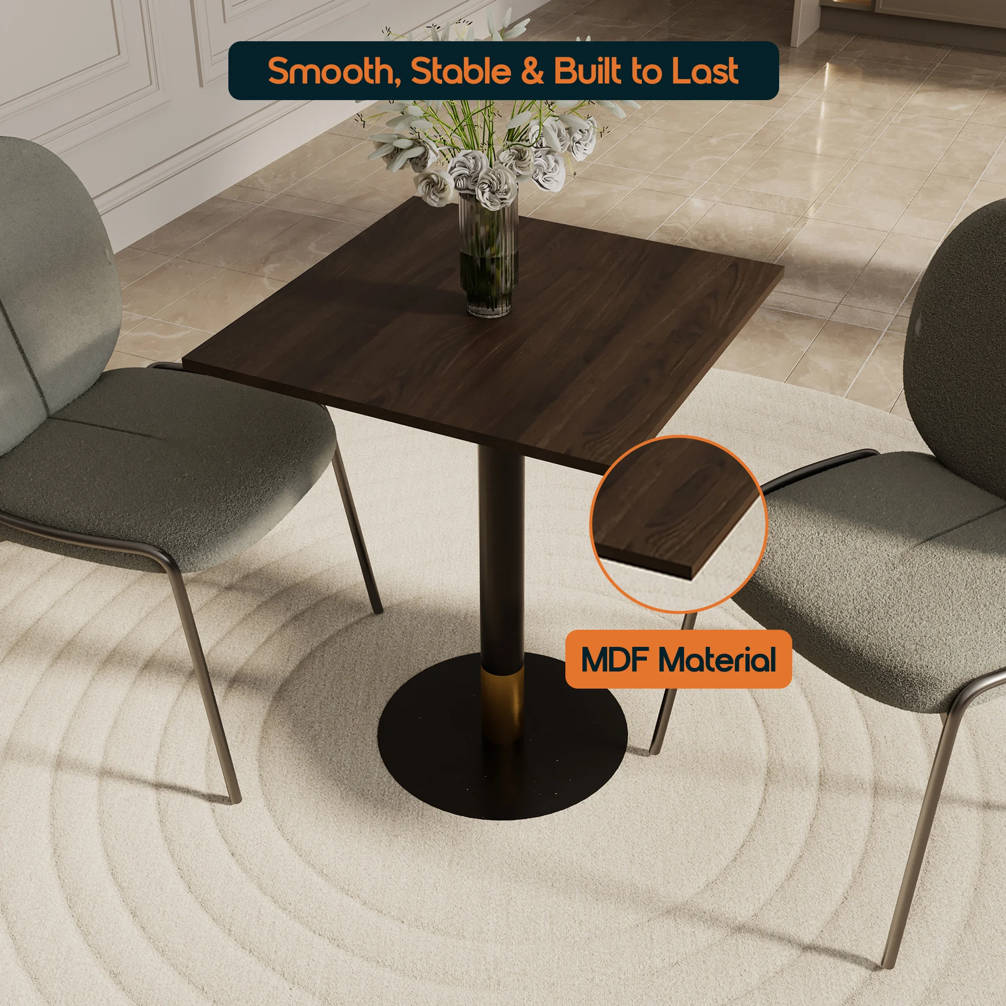 Vail Collection Dining Table Black/Gold Base With 24" Square Dark Brown MDF Top