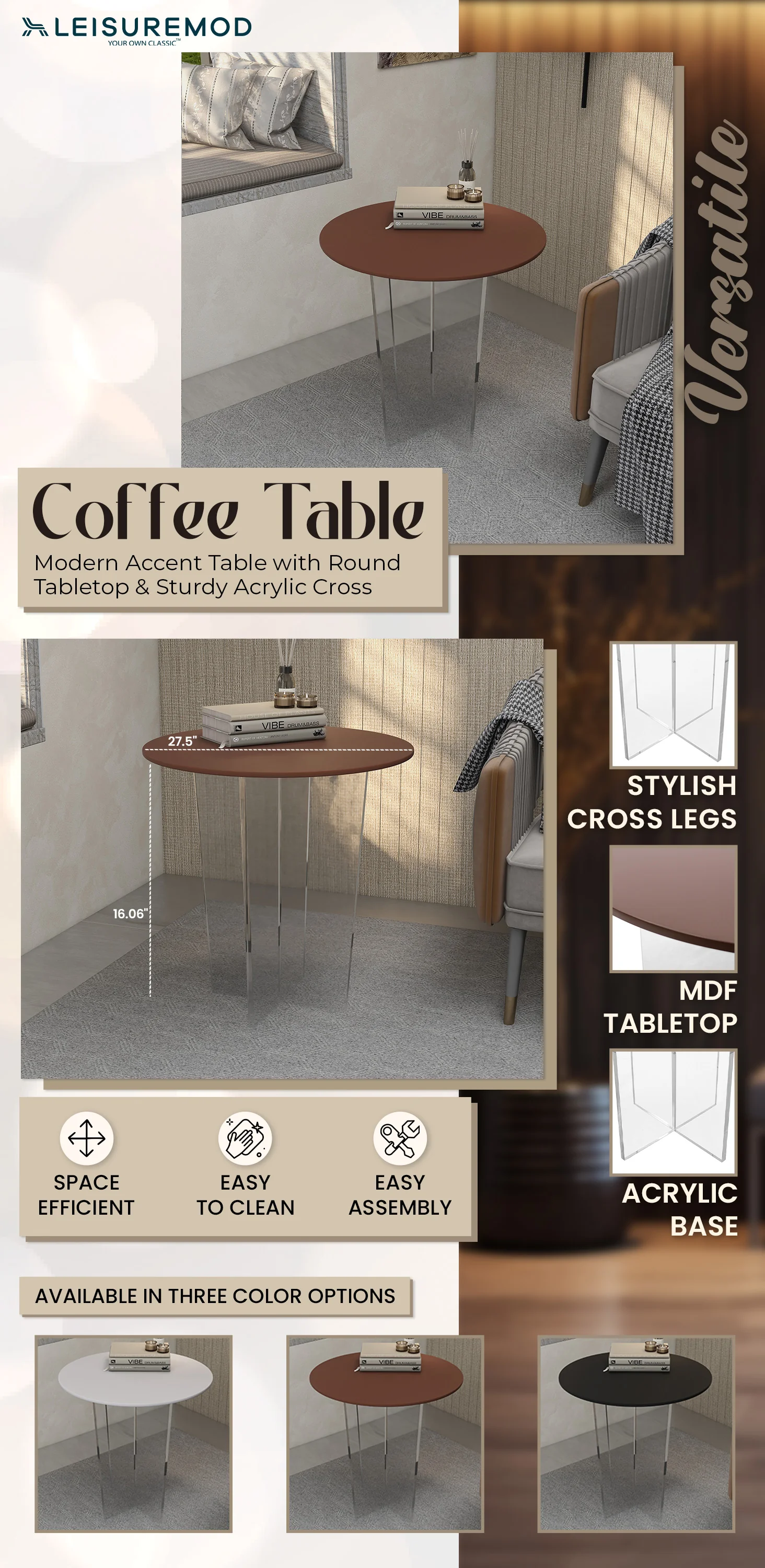 Valore Collection Acrylic Coffee Table With Walnut Top