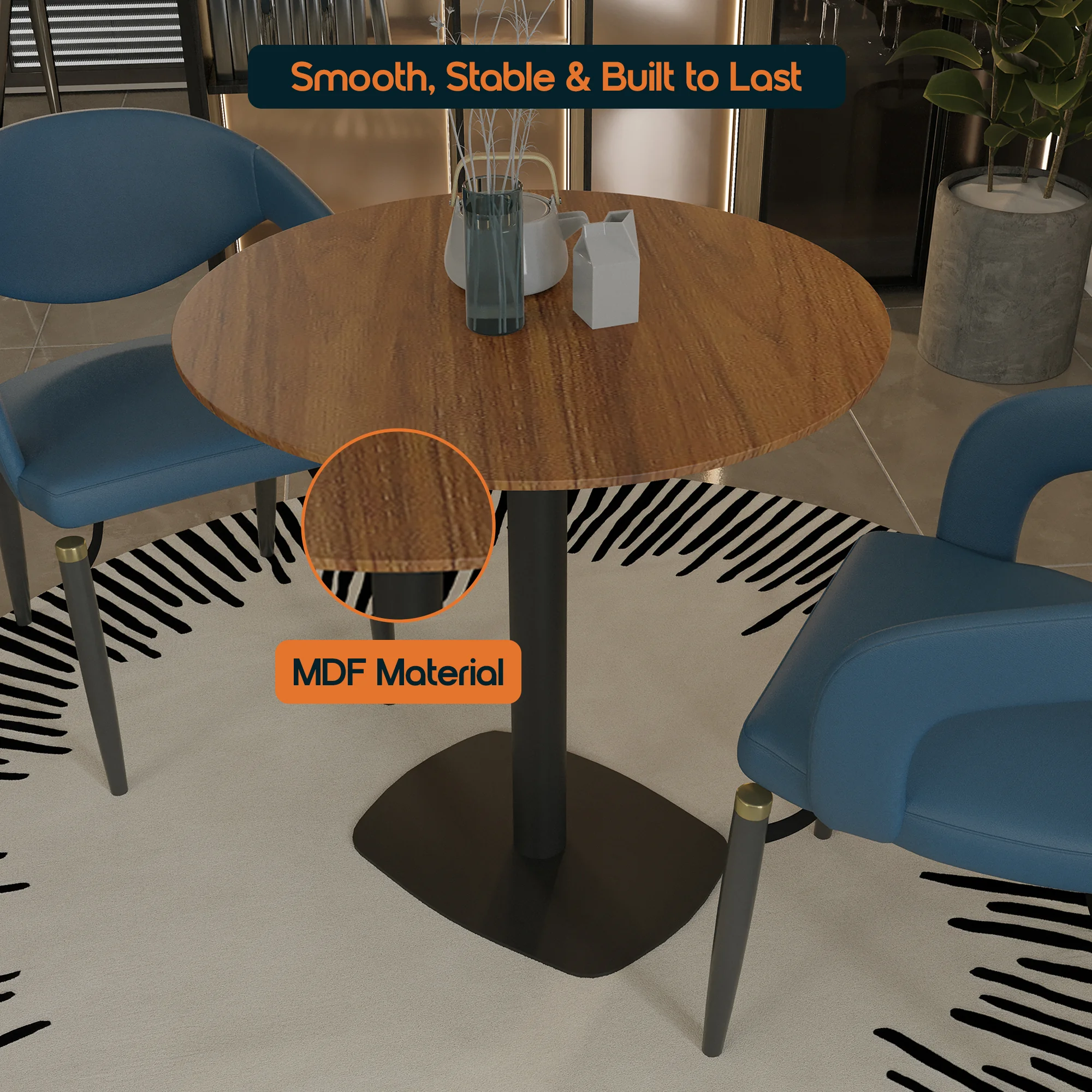 Vail Collection Dining Table Black Rectangle Base With 27" Round Cognac Brown MDF Top