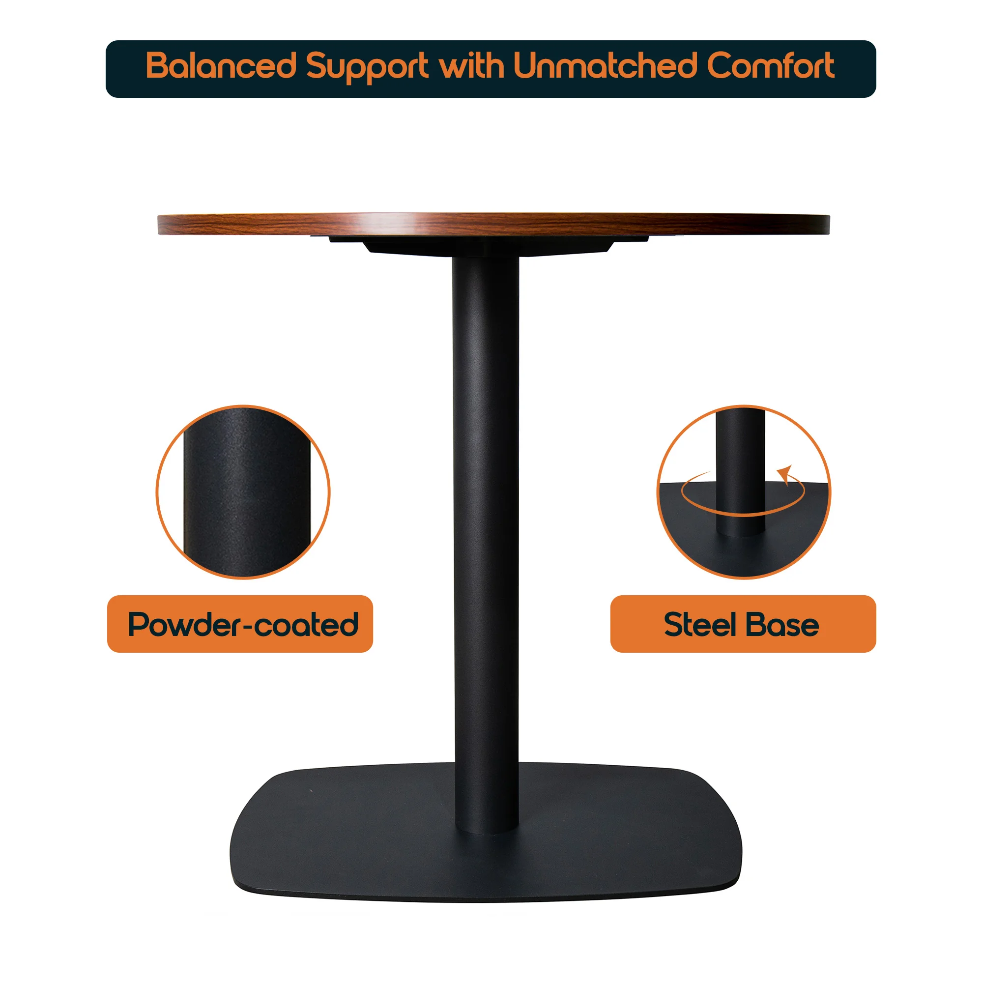 Vail Collection Dining Table Black Rectangle Base With 27" Round Cognac Brown MDF Top