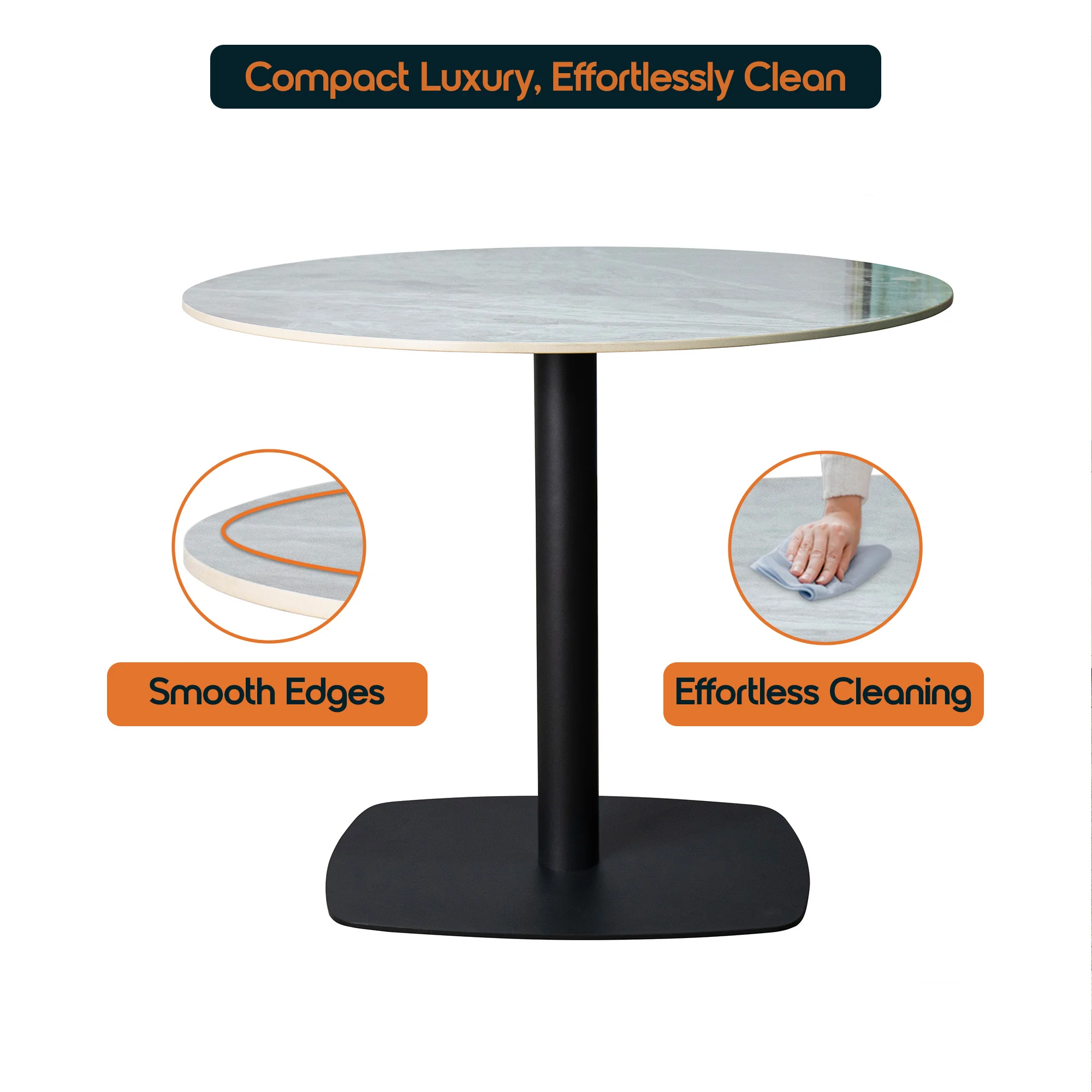 Vail Collection Dining Table Black Rectangle Base With 27" Round Grey Stone Top