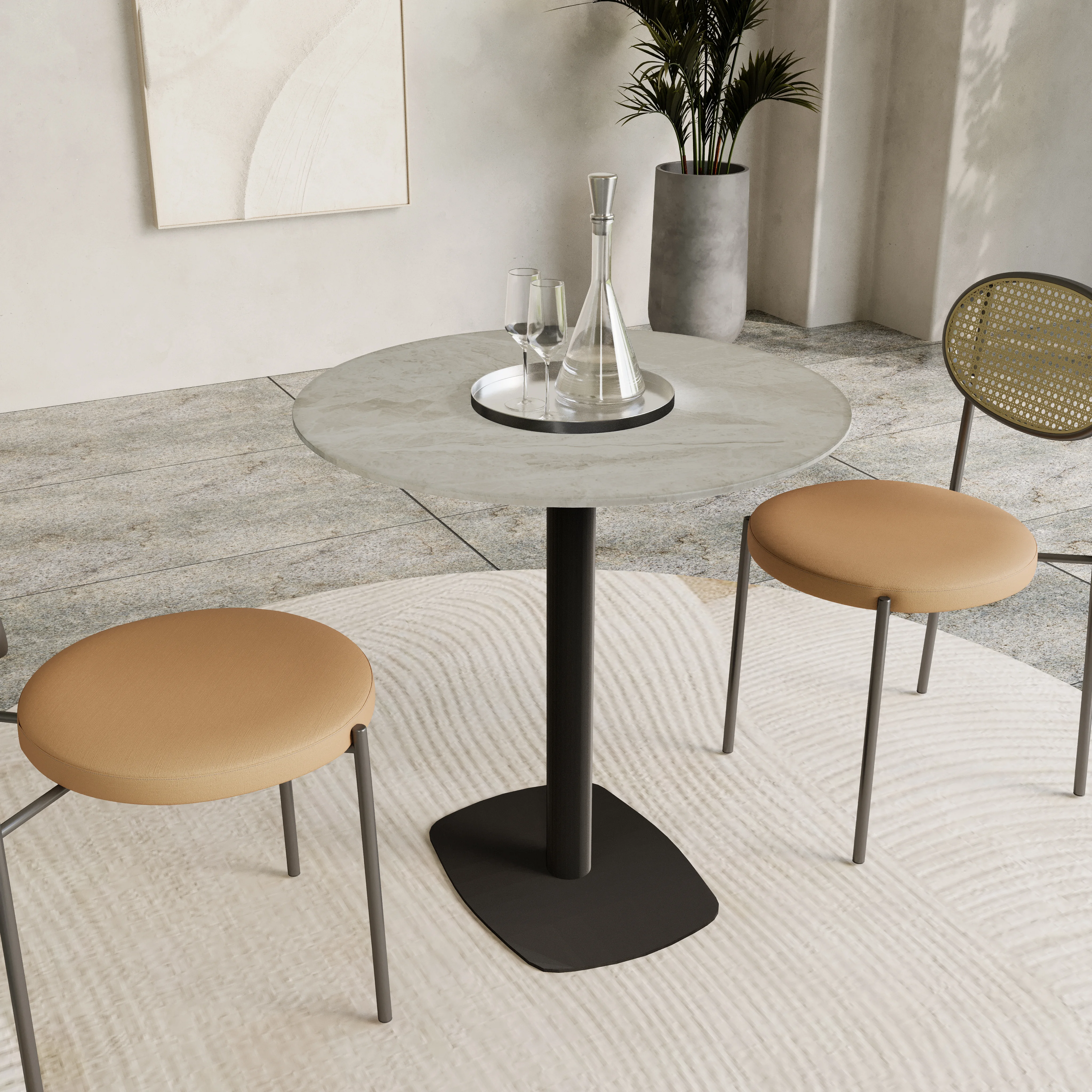Vail Collection Dining Table Black Rectangle Base With 27" Round Grey Stone Top