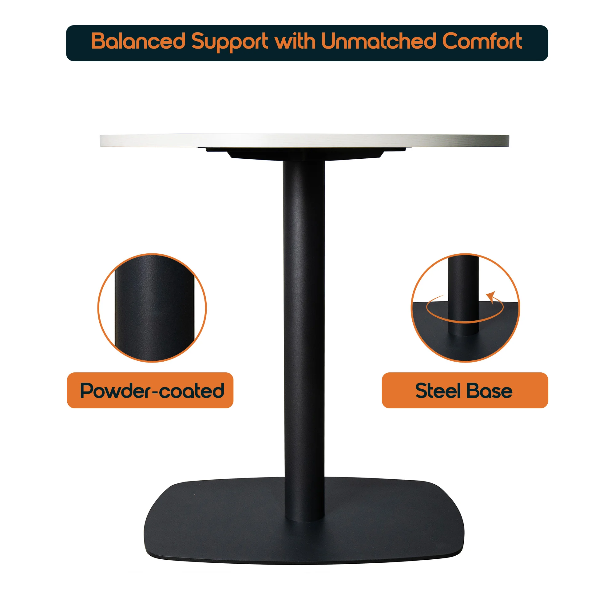 Vail Collection Dining Table Black Rectangle Base With 27" Round Light Wood Brown MDF Top