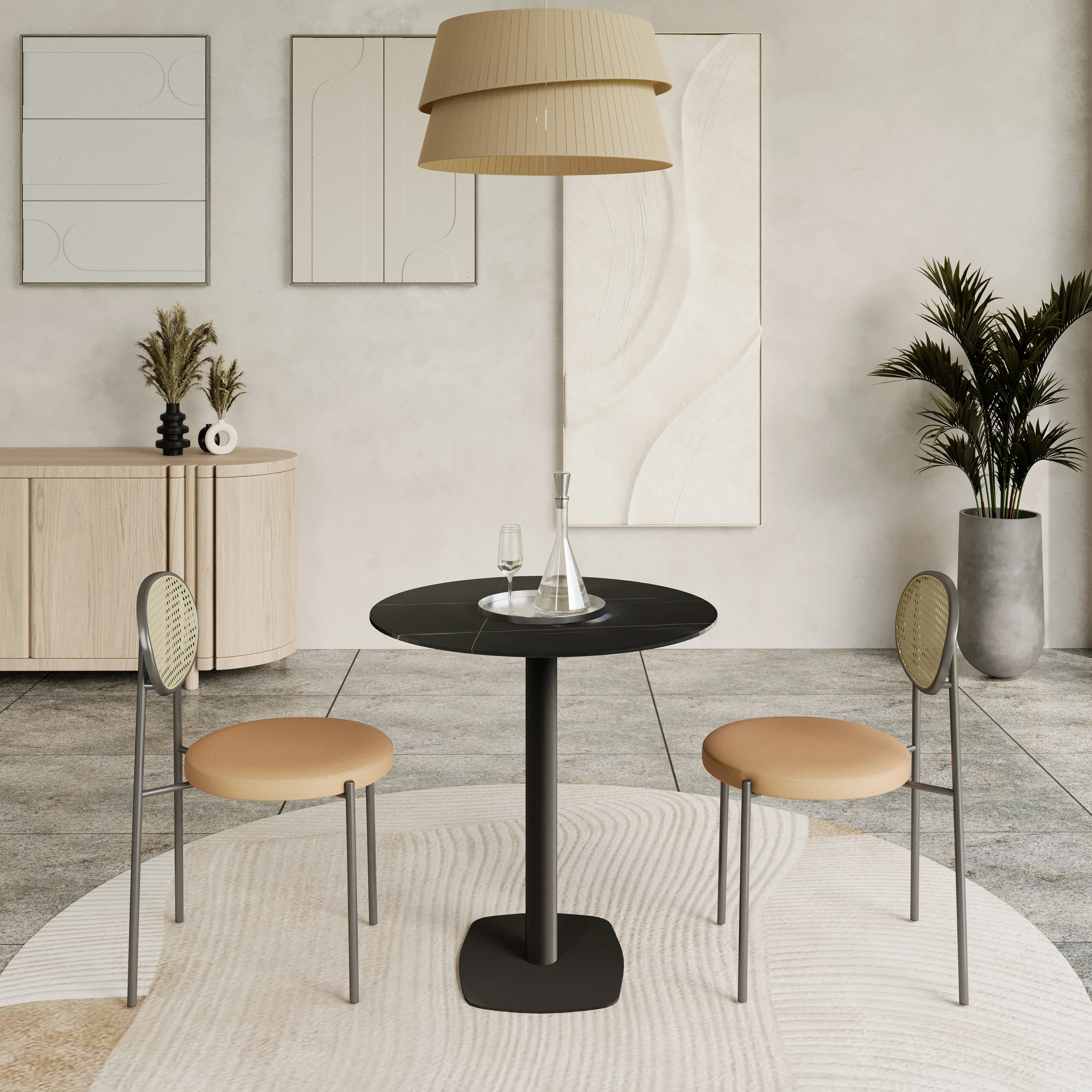 Vail Collection Dining Table Black Rectangle Base With 36" Round BLack Stone Top