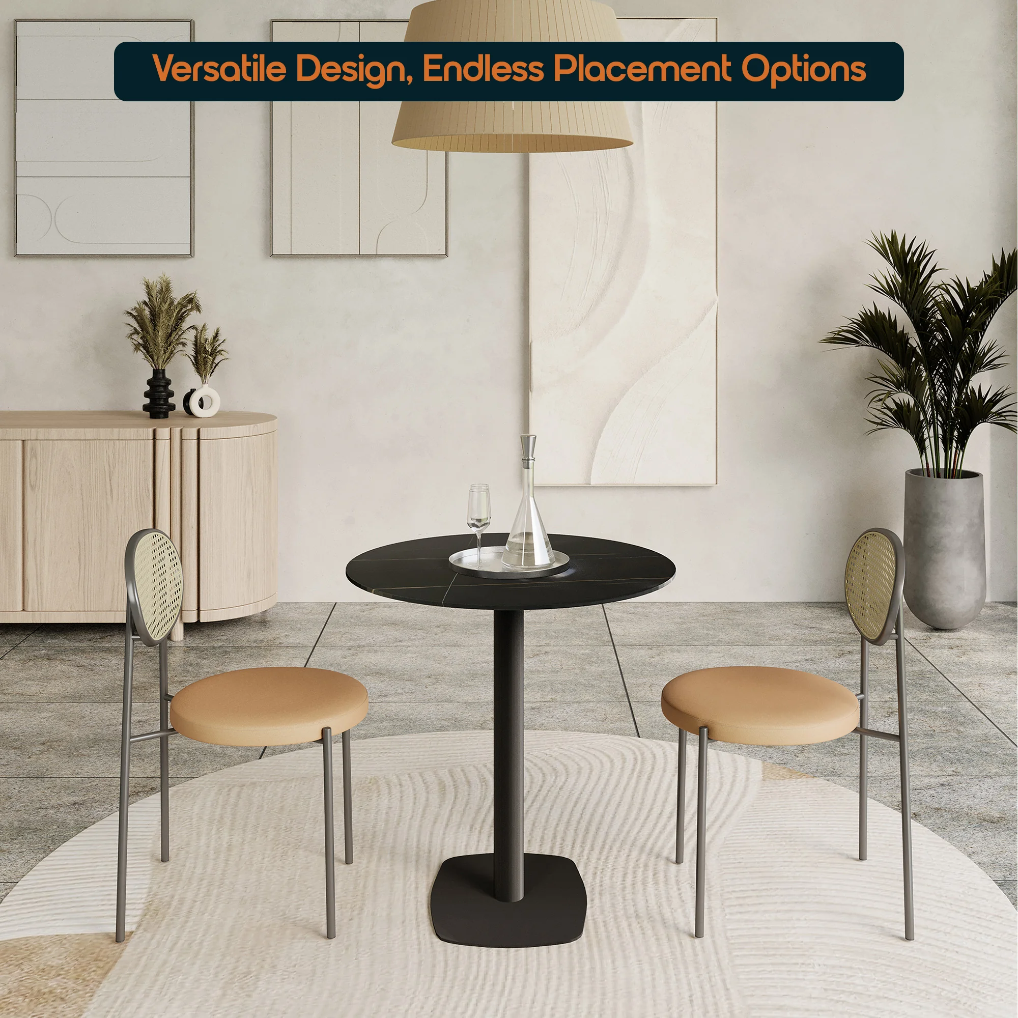 Vail Collection Dining Table Black Rectangle Base With 36" Round BLack Stone Top