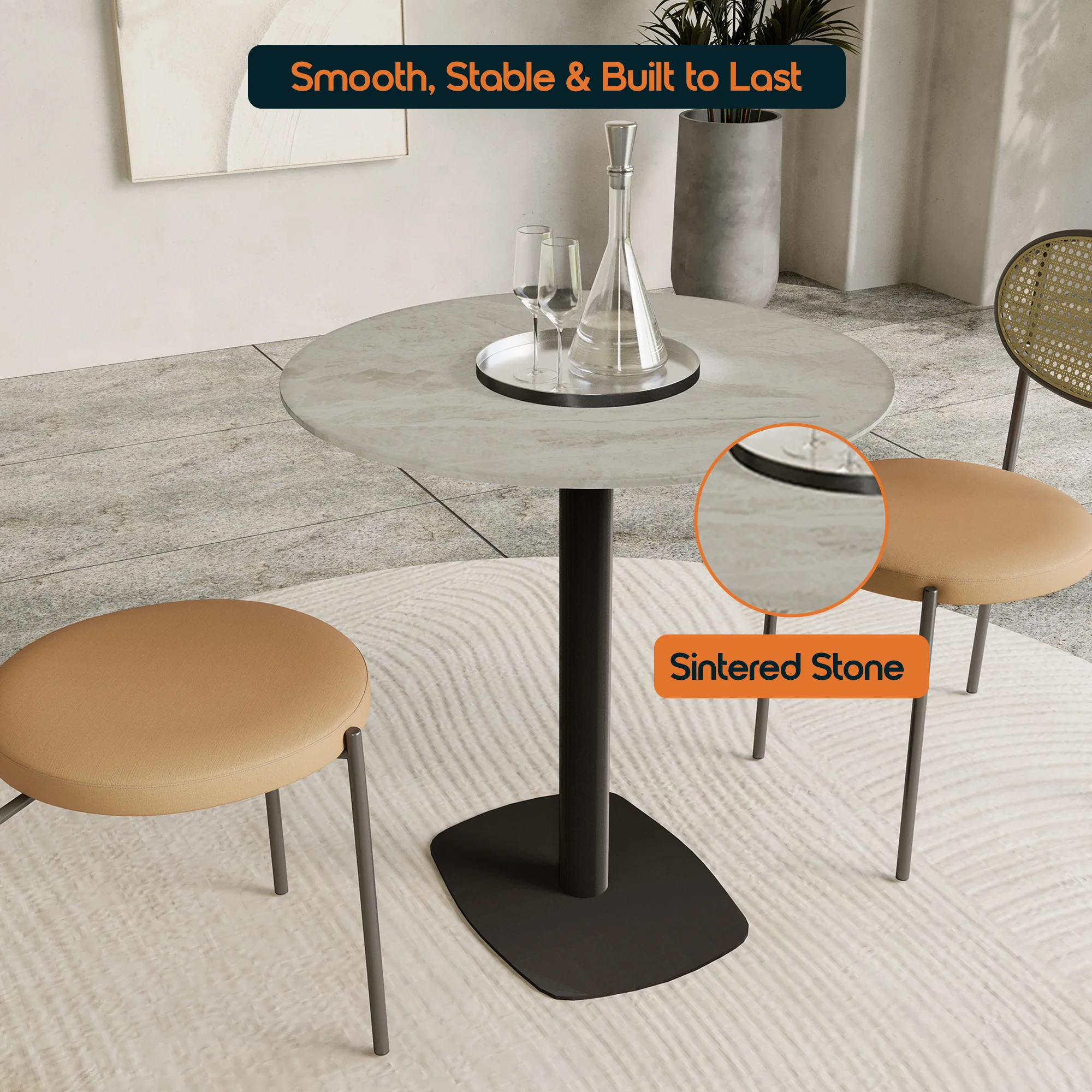 Vail Collection Dining Table Black Rectangle Base With 36" Round Grey Stone Top