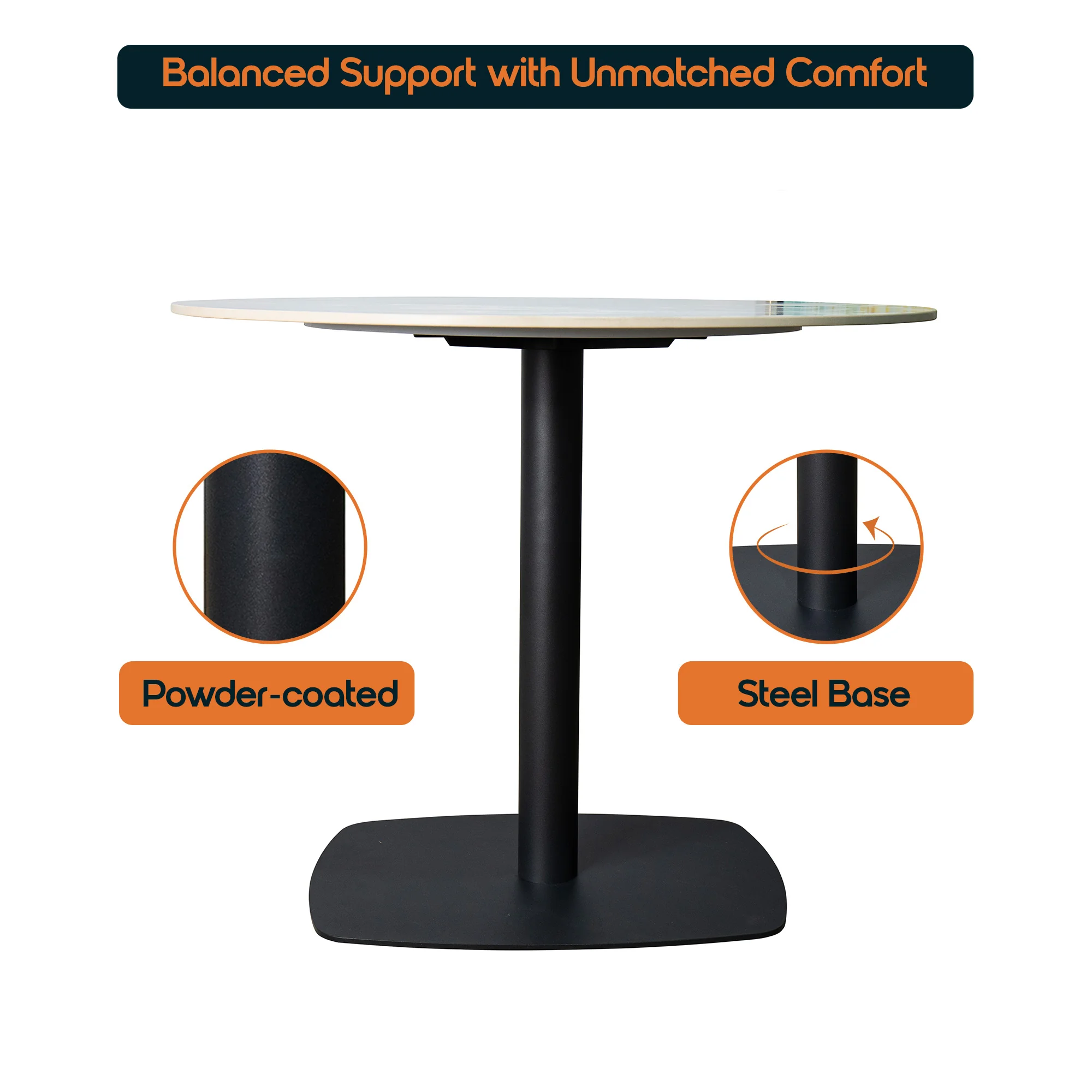 Vail Collection Dining Table Black Rectangle Base With 36" Round Grey Stone Top