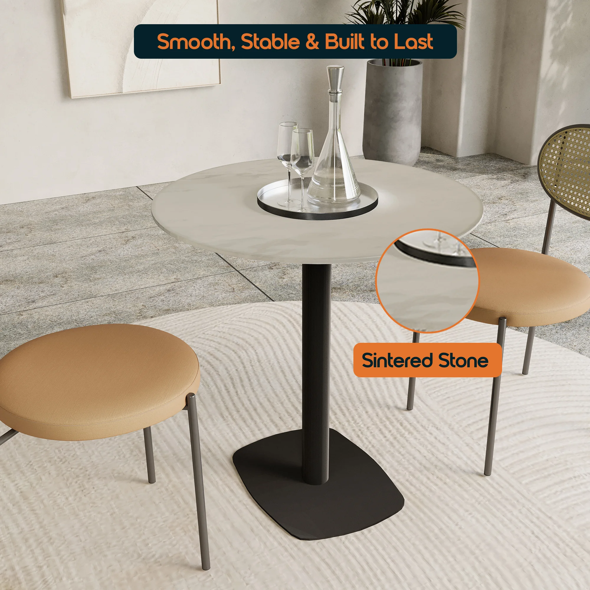 Vail Collection Dining Table Black Rectangle Base With 36" Round White Stone  Top