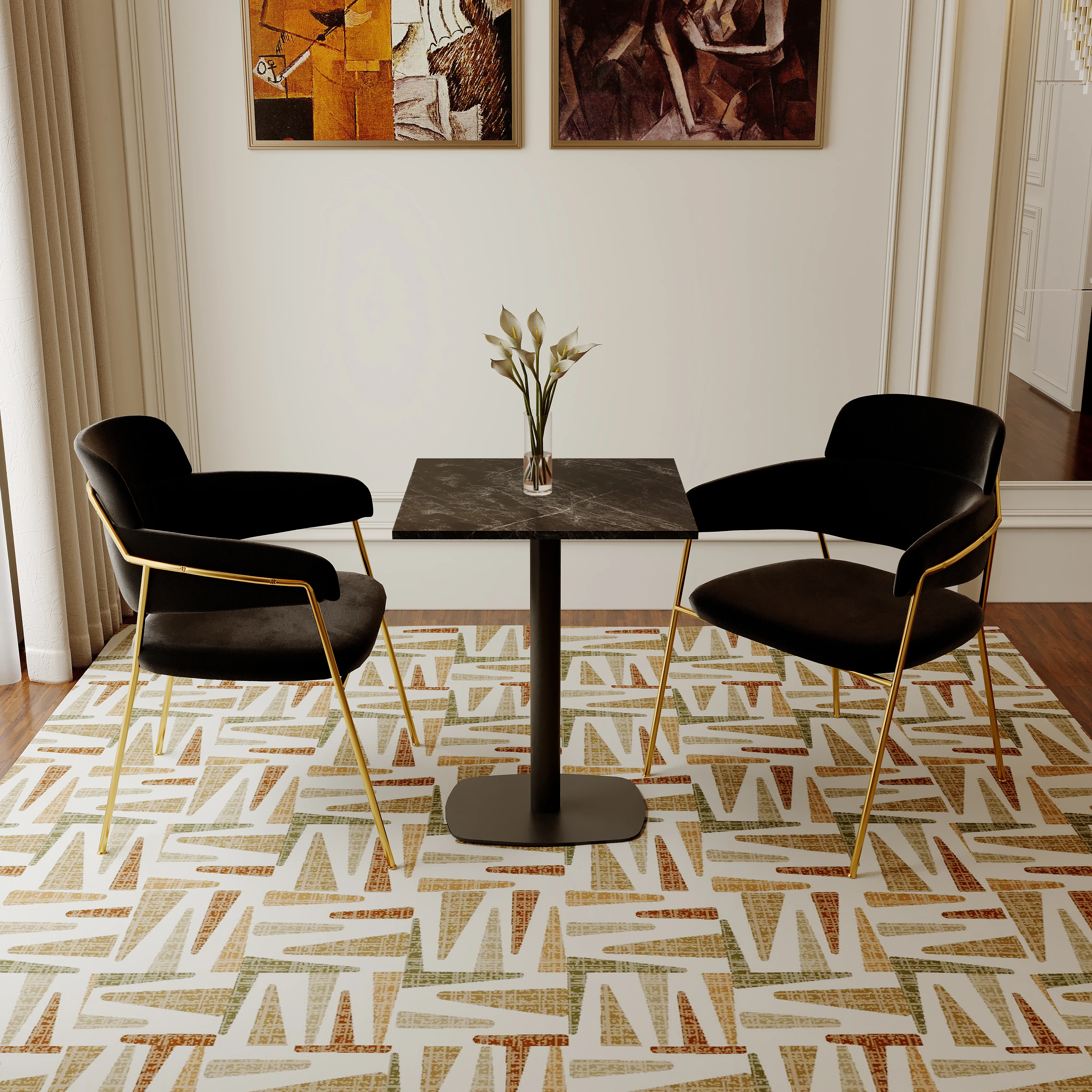 Vail Collection Dining Table Black Rectangle Base With 24" Square Black MDF Top