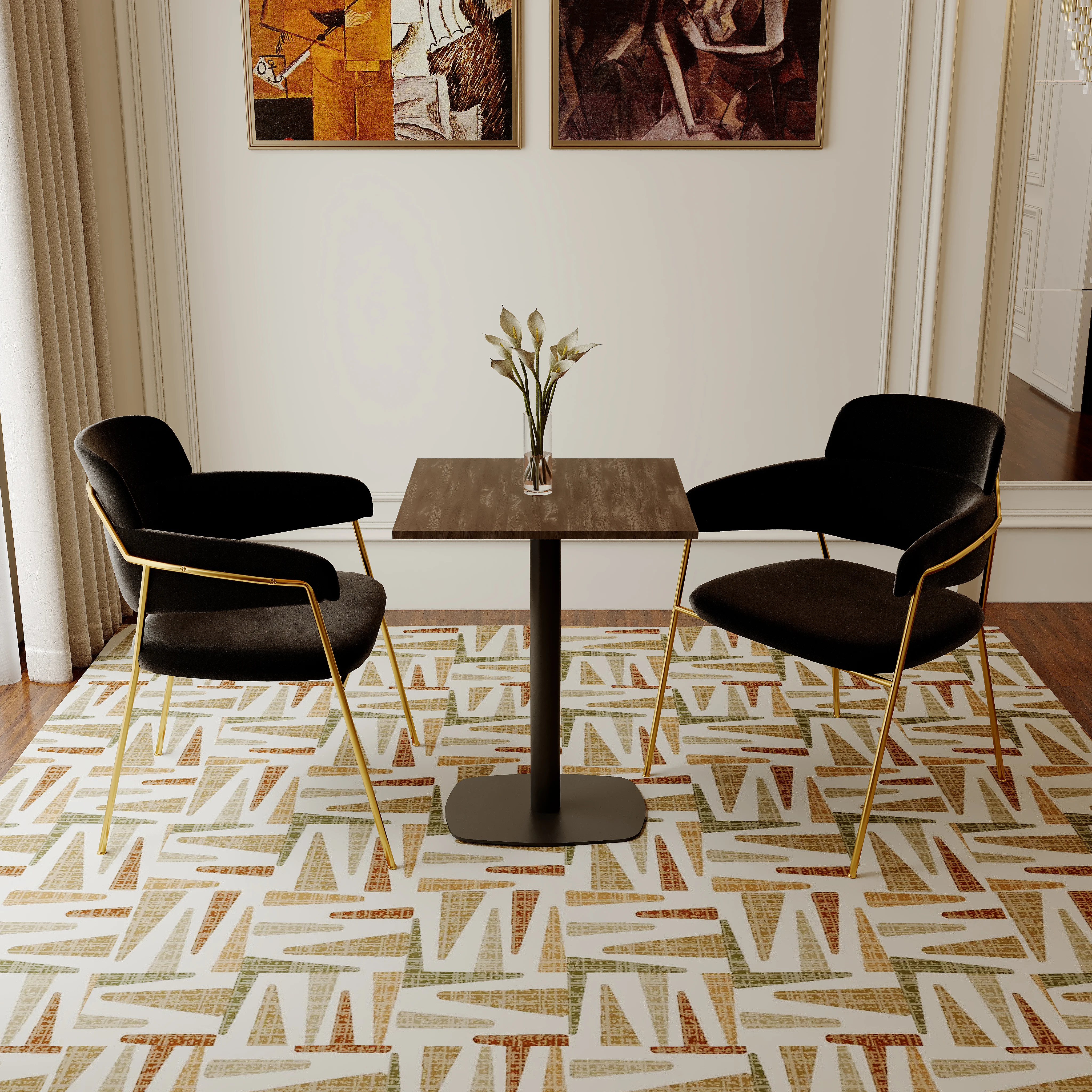 Vail Collection Dining Table Black Rectangle Base With 24" Square Dark Brown MDF Top