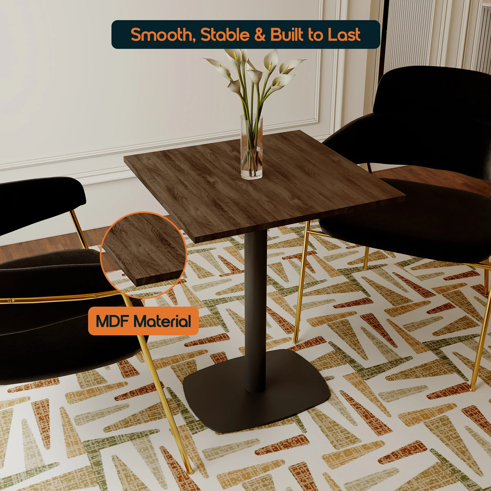 Vail Collection Dining Table Black Rectangle Base With 24" Square Dark Brown MDF Top