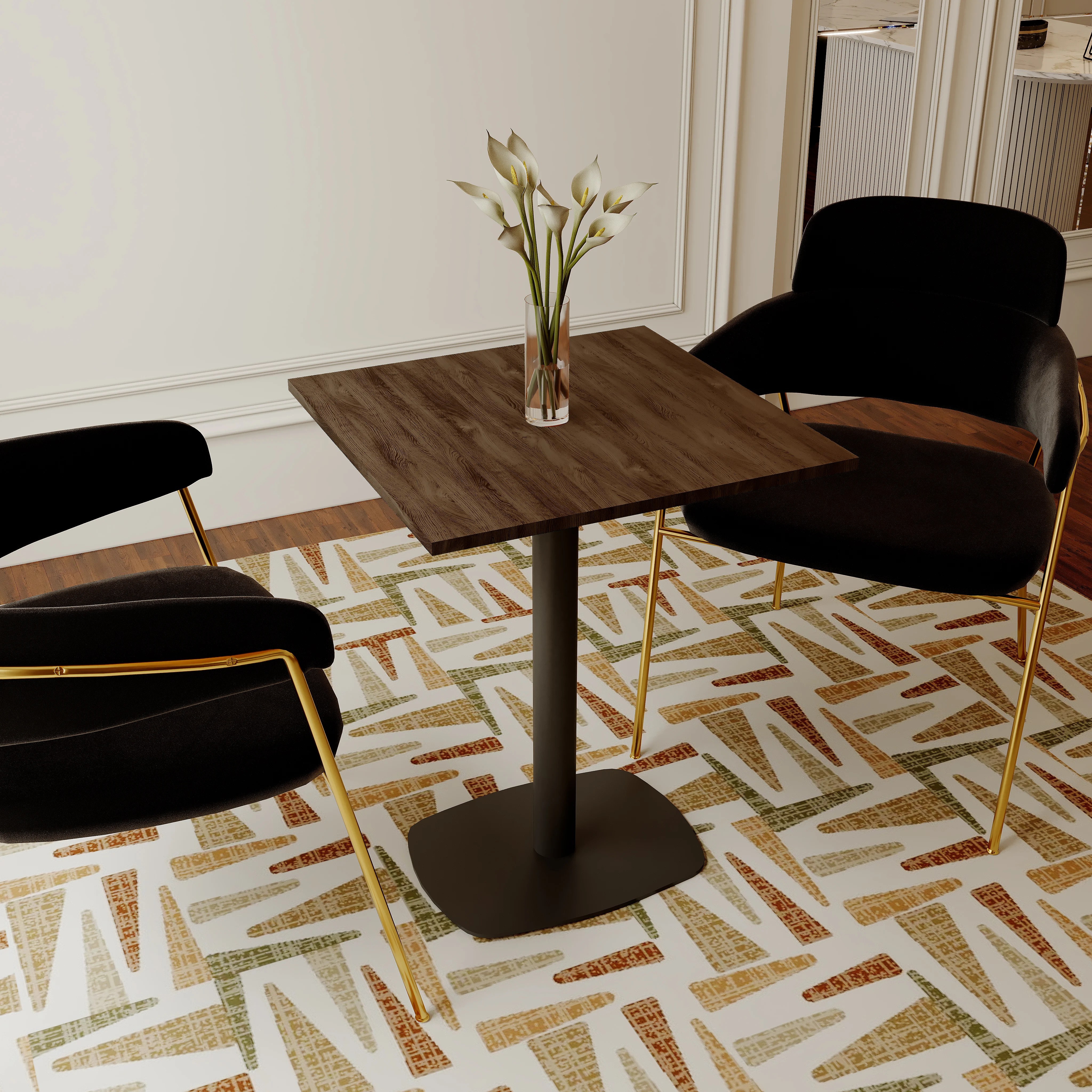 Vail Collection Dining Table Black Rectangle Base With 24" Square Dark Brown MDF Top