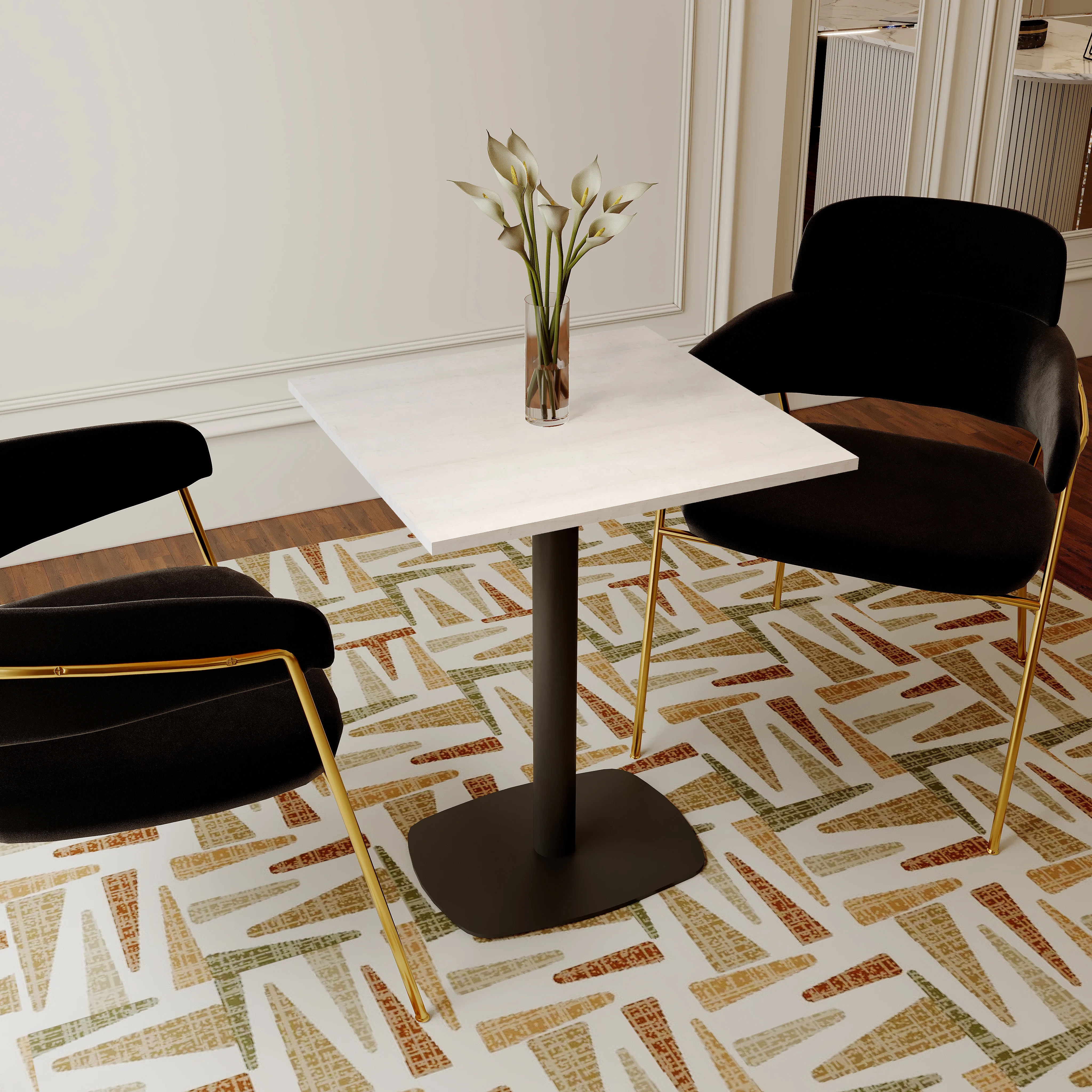 Vail Collection Dining Table Black Rectangle Base With 24" Square Light Wood  Brown MDF Top