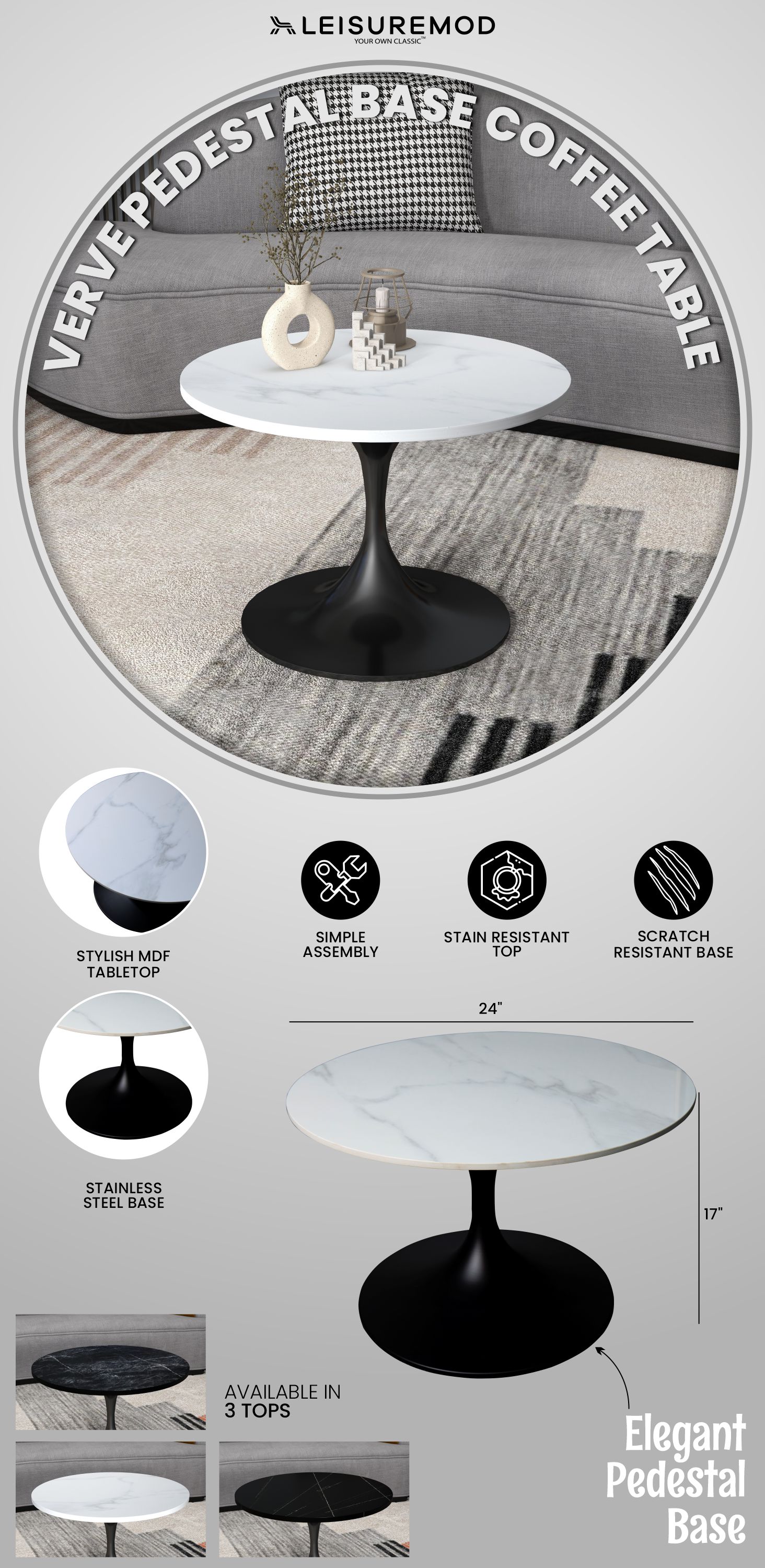 Verve Coffee Table Black base with 27" round Black Sintered Stone top