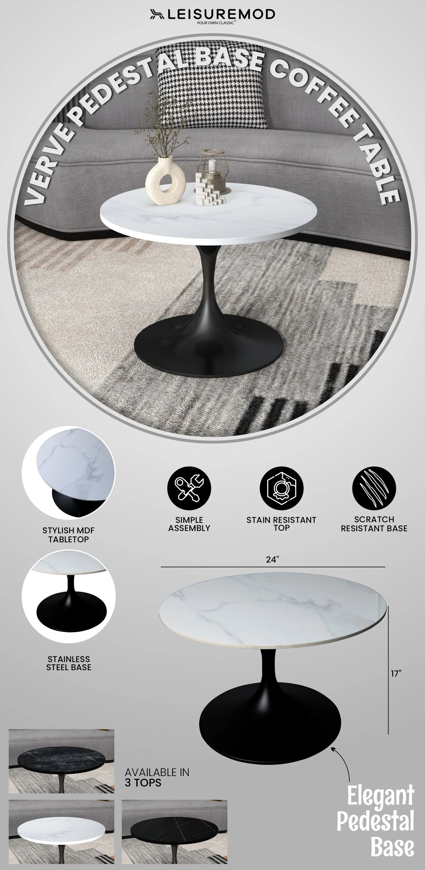 Verve Coffee Table Black base with 27" round Black Sintered Stone top