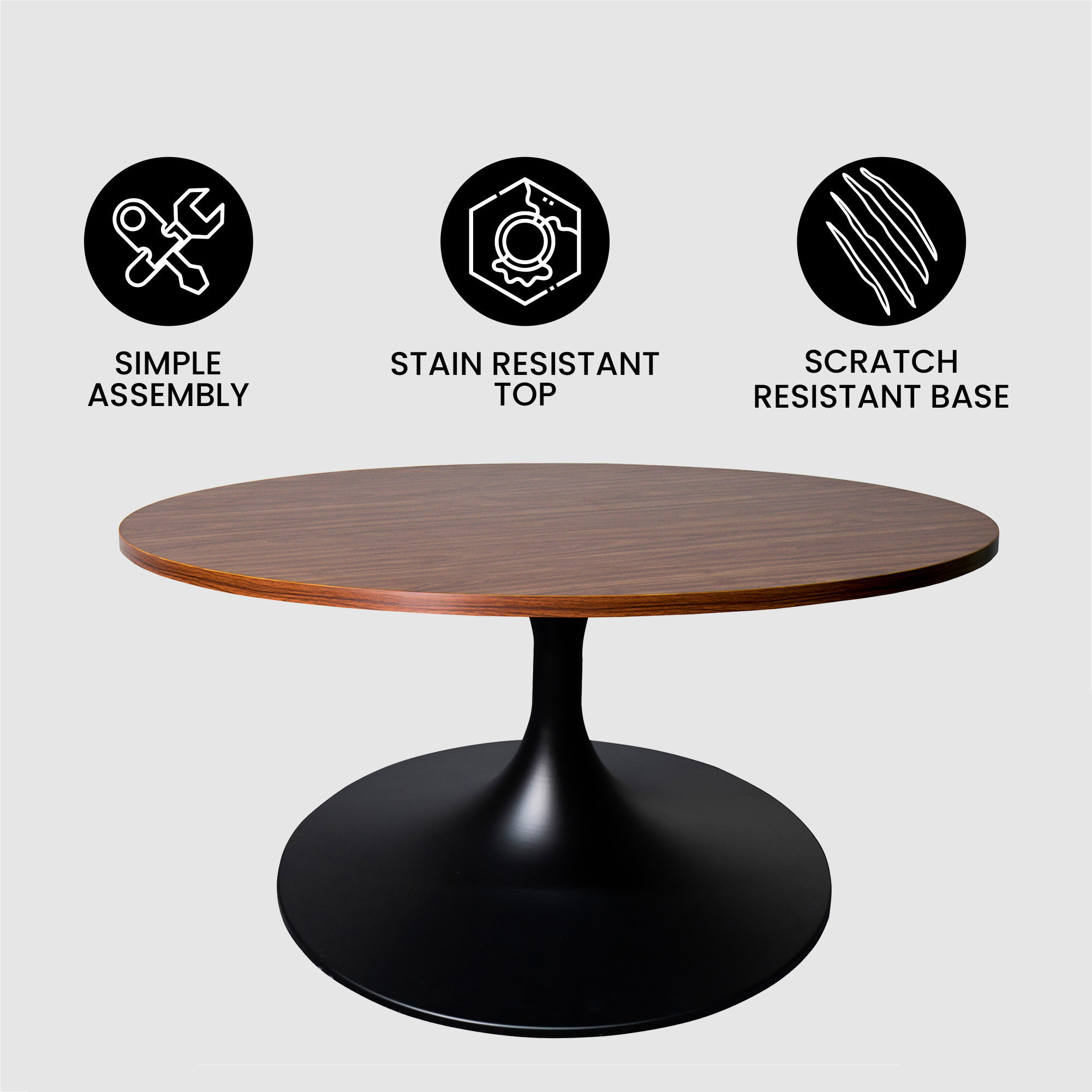 Verve Coffee Table Black base with 27" round Brown Wood MDF top