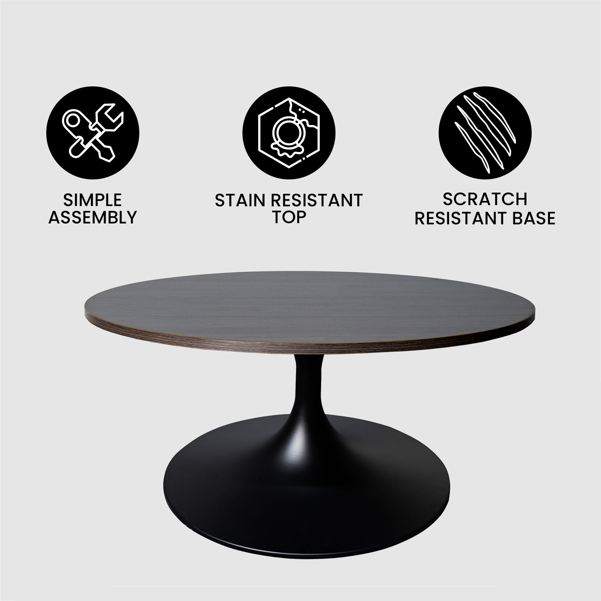 Verve Coffee Table Black base with 27" round Dark Brown Wood MDF top