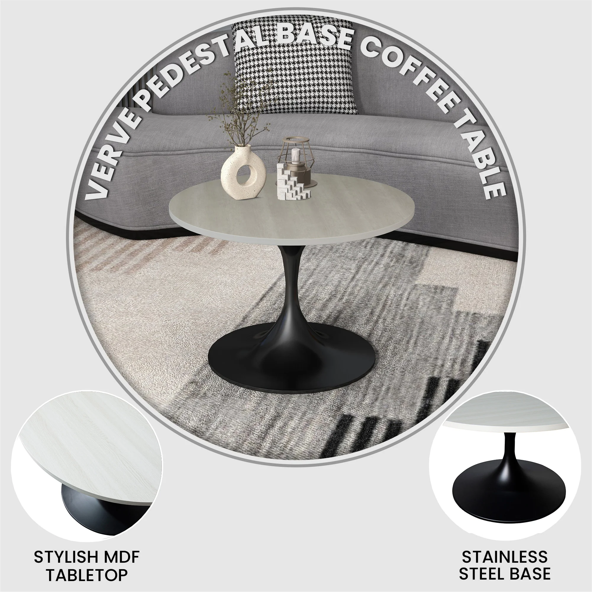 Verve Coffee Table Black base with 27" round Light Natural MDF top