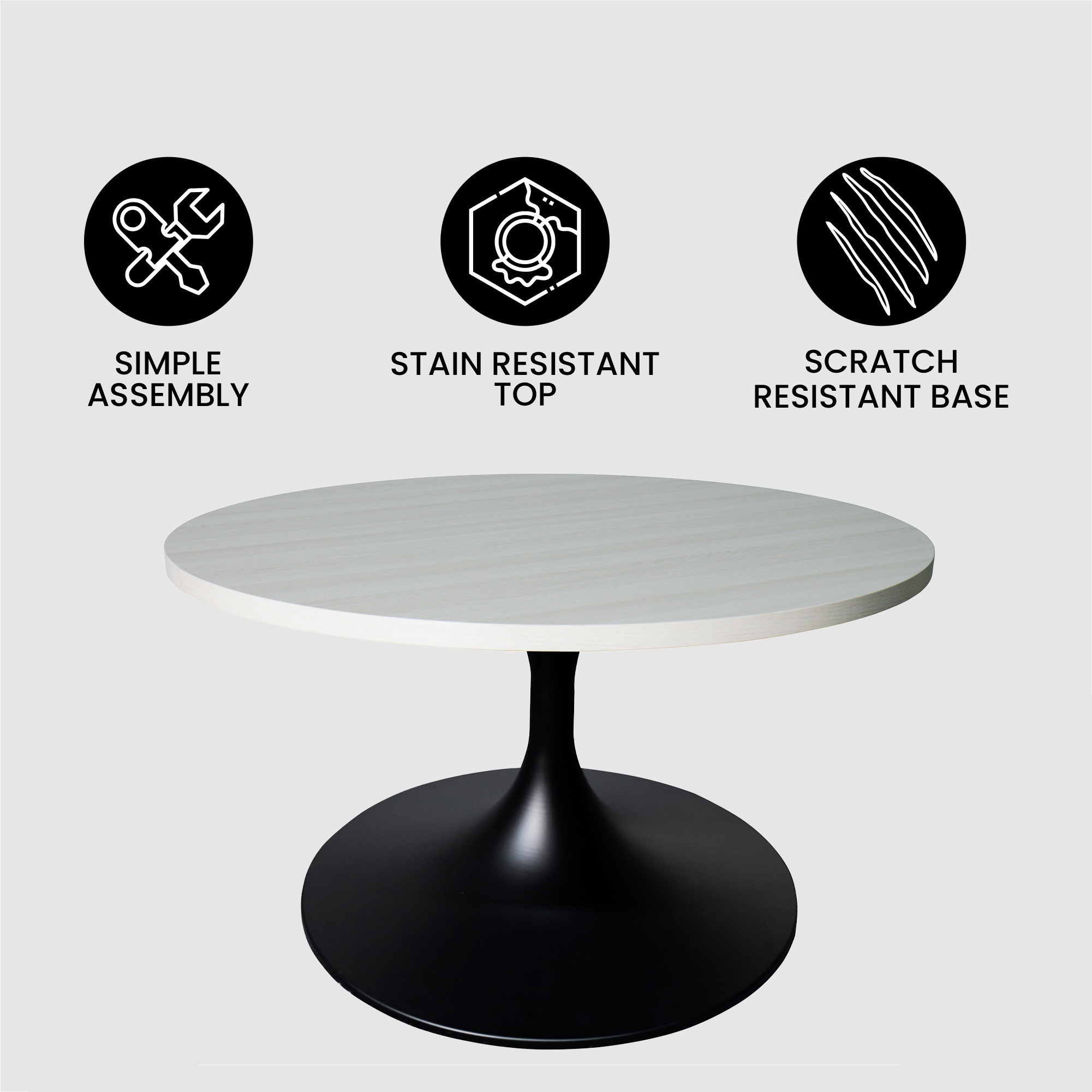 Verve Coffee Table Black base with 27" round Light Natural MDF top