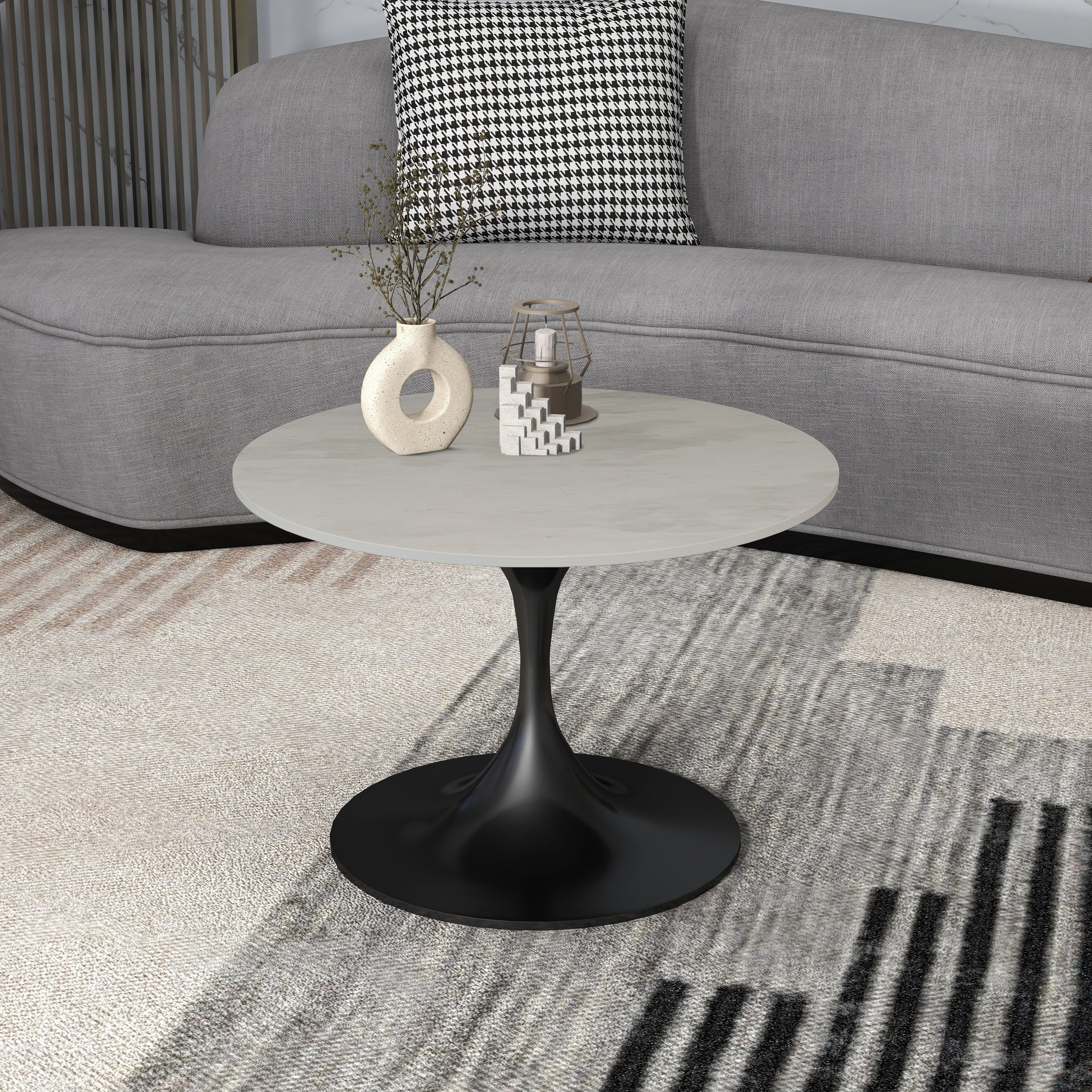 Verve Coffee Table Black base with 27" round White Marble Laminated top