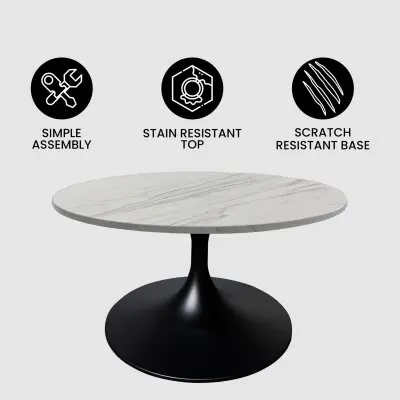Verve Coffee Table Black base with 27" round White Marble Laminated top