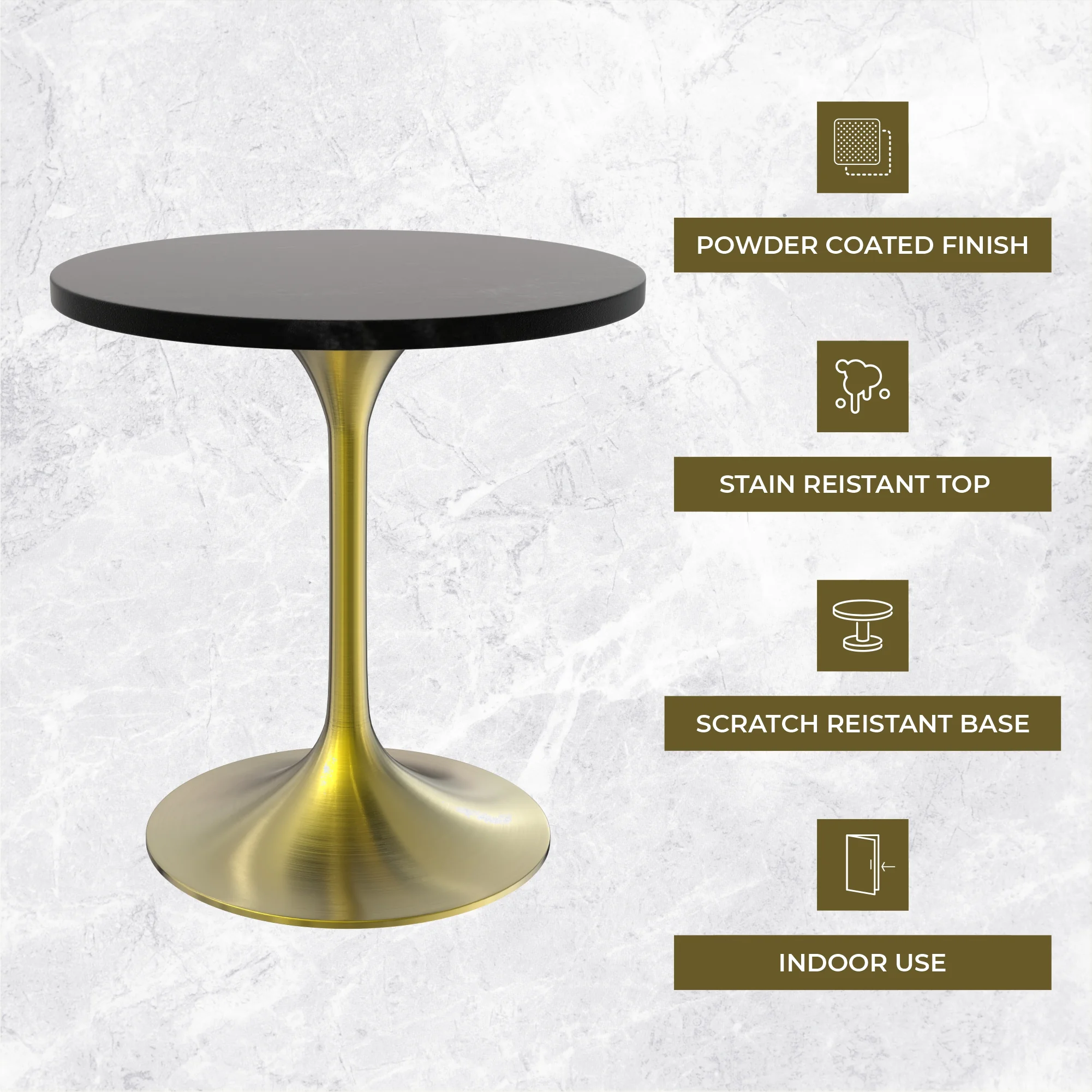 Verve Collection 27" Round Dining Table, Brushed Gold Base with Black MDF Top