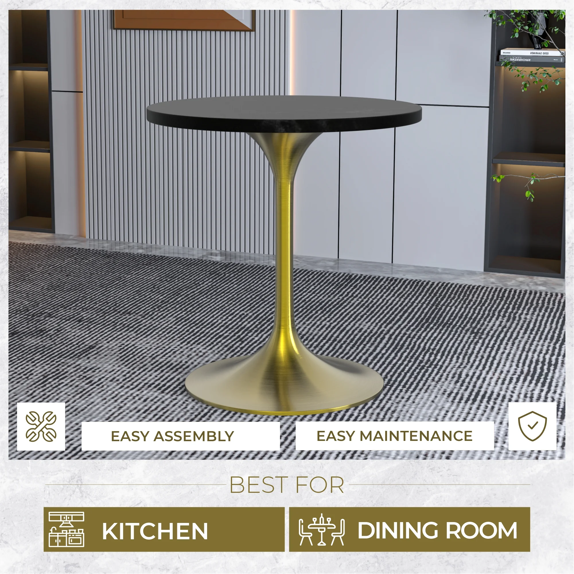 Verve Collection 27" Round Dining Table, Brushed Gold Base with Black MDF Top