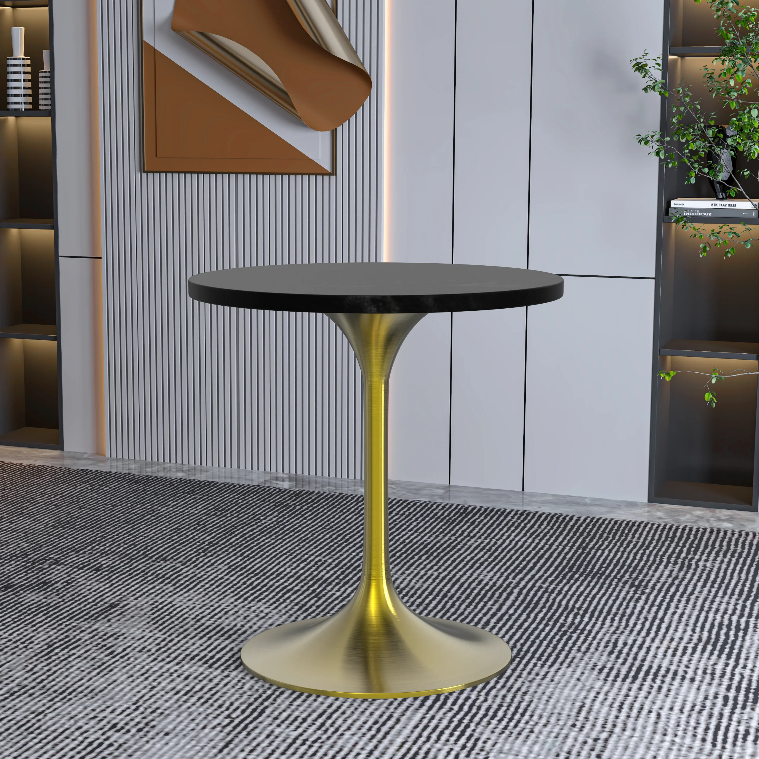 Verve Collection 27" Round Dining Table, Brushed Gold Base with Black MDF Top