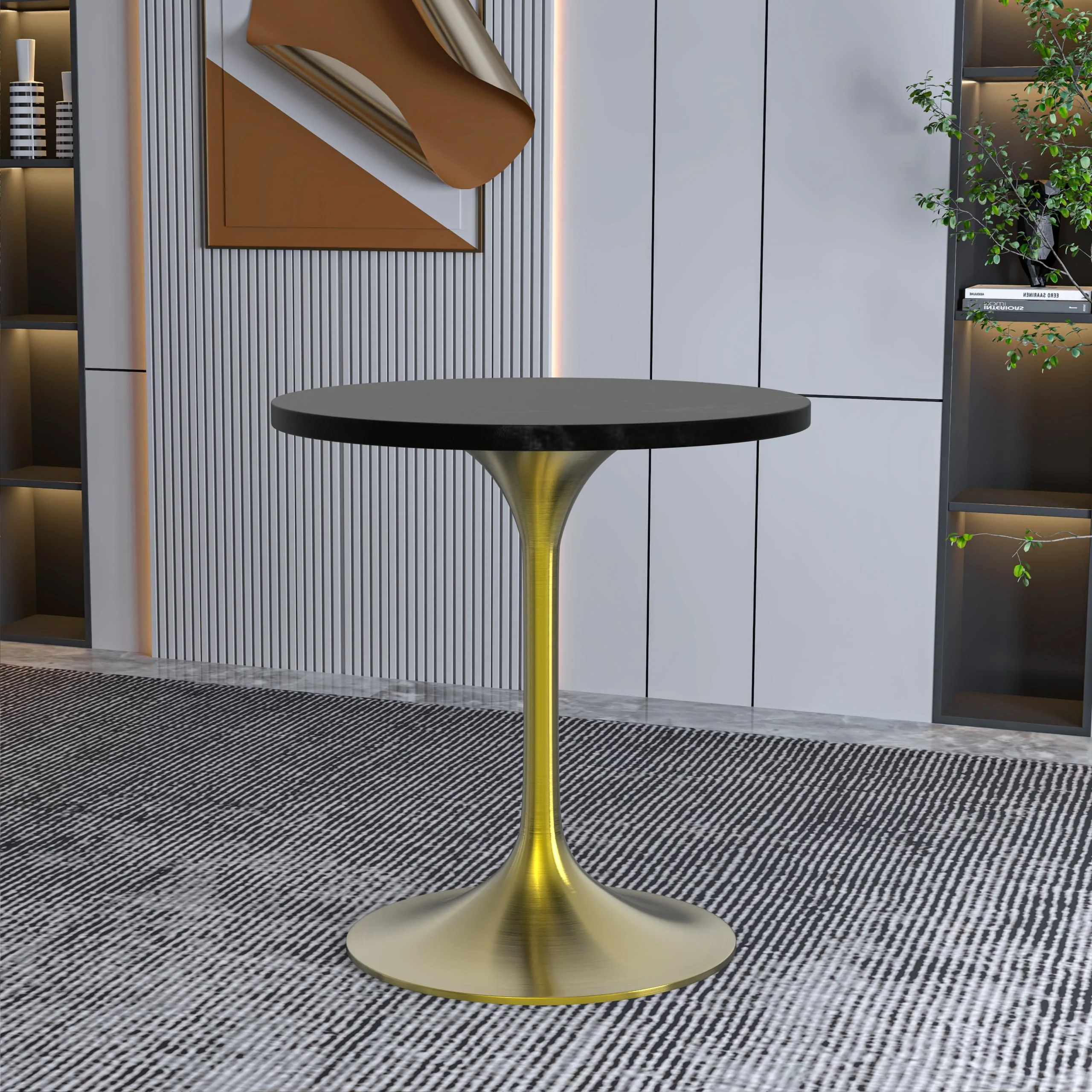 Verve Collection 27" Round Dining Table, Brushed Gold Base with Black MDF Top