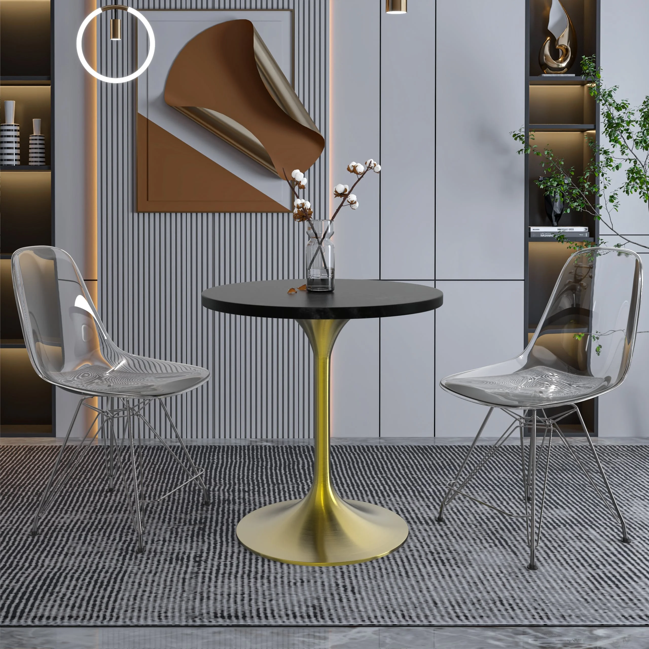 Verve Collection 27" Round Dining Table, Brushed Gold Base with Black MDF Top