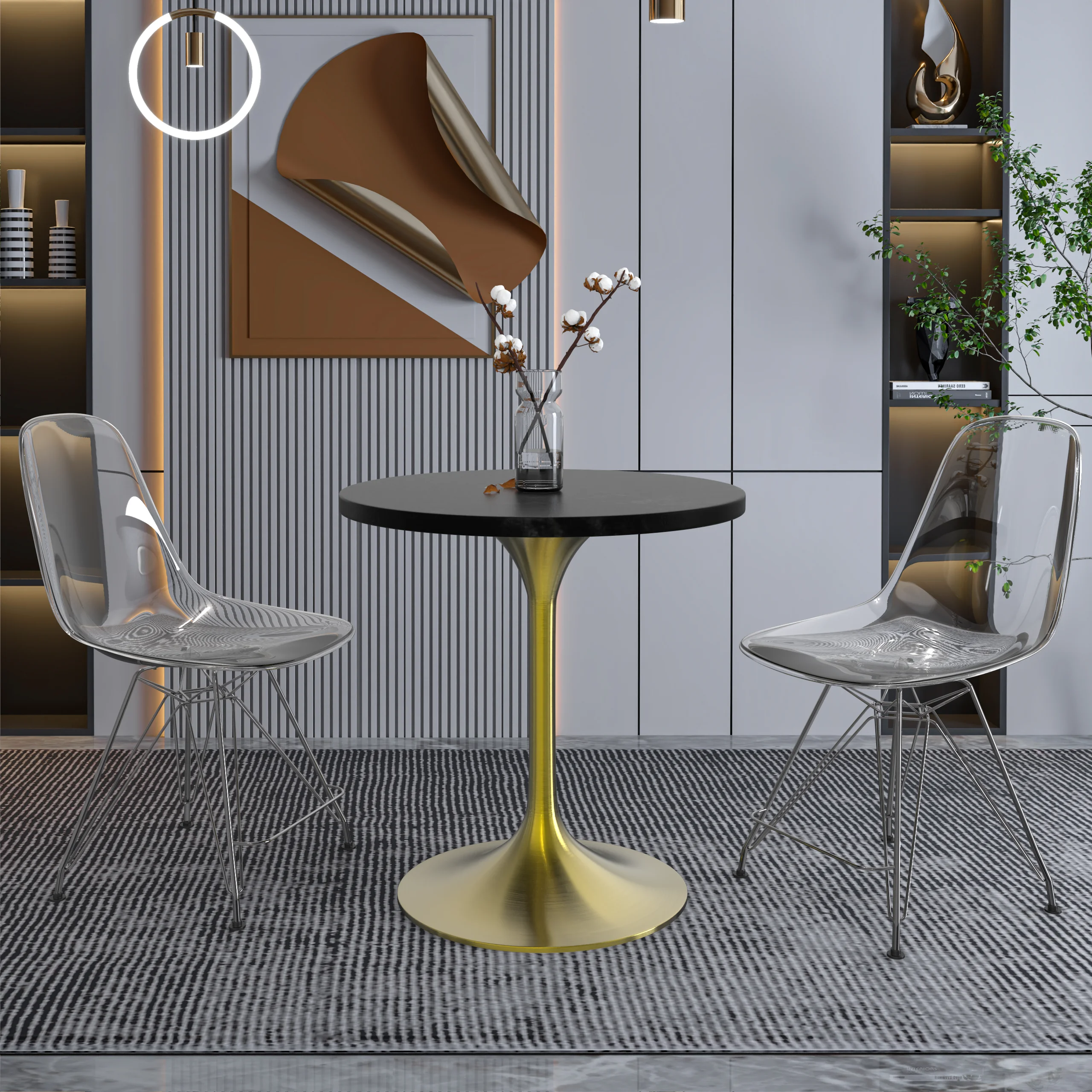 Verve Collection 27" Round Dining Table, Brushed Gold Base with Black MDF Top