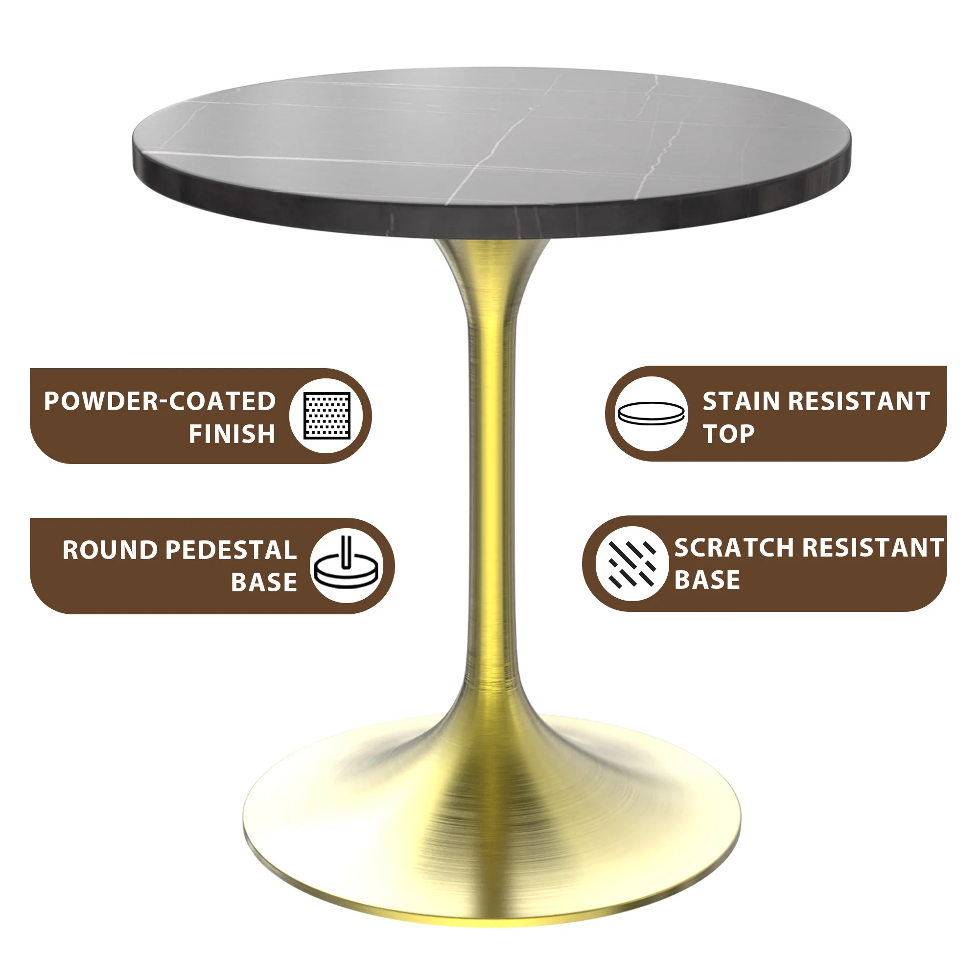Verve Collection 27 Round Dining Table, Brushed Gold Base with Sintered Stone Black Top
