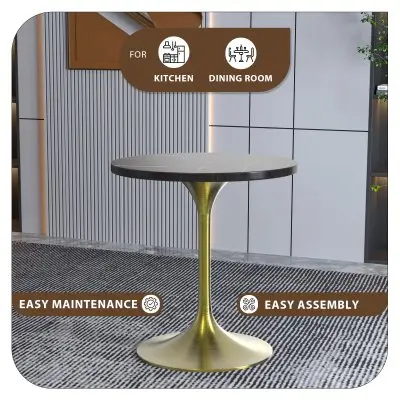 Verve Collection 27 Round Dining Table, Brushed Gold Base with Sintered Stone Black Top