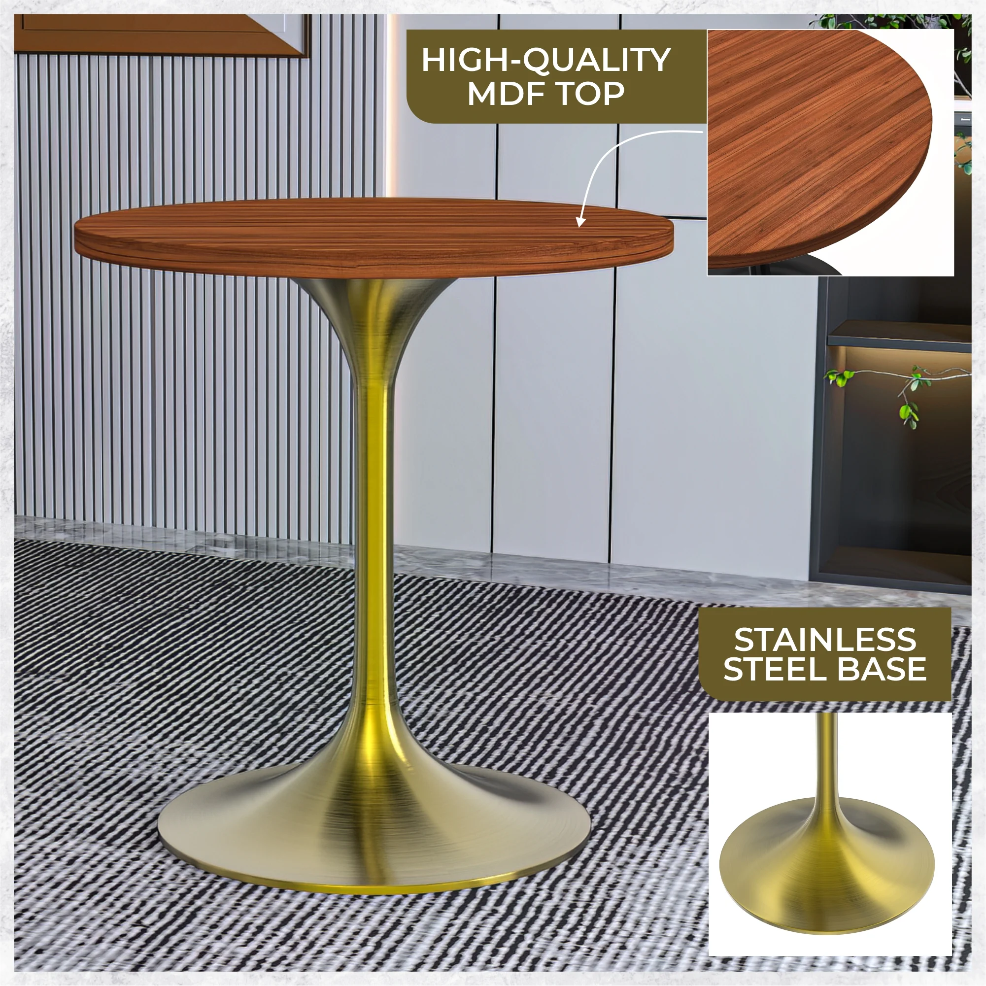 Verve Collection 27" Round Dining Table, Brushed Gold Base with Cognac Brown MDF Top