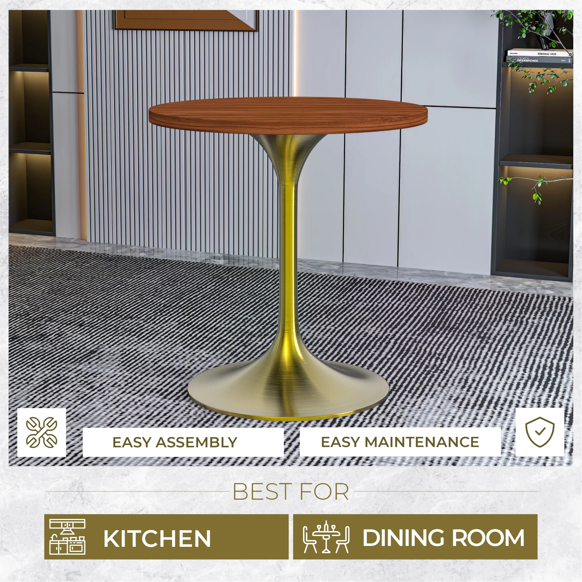 Verve Collection 27" Round Dining Table, Brushed Gold Base with Cognac Brown MDF Top