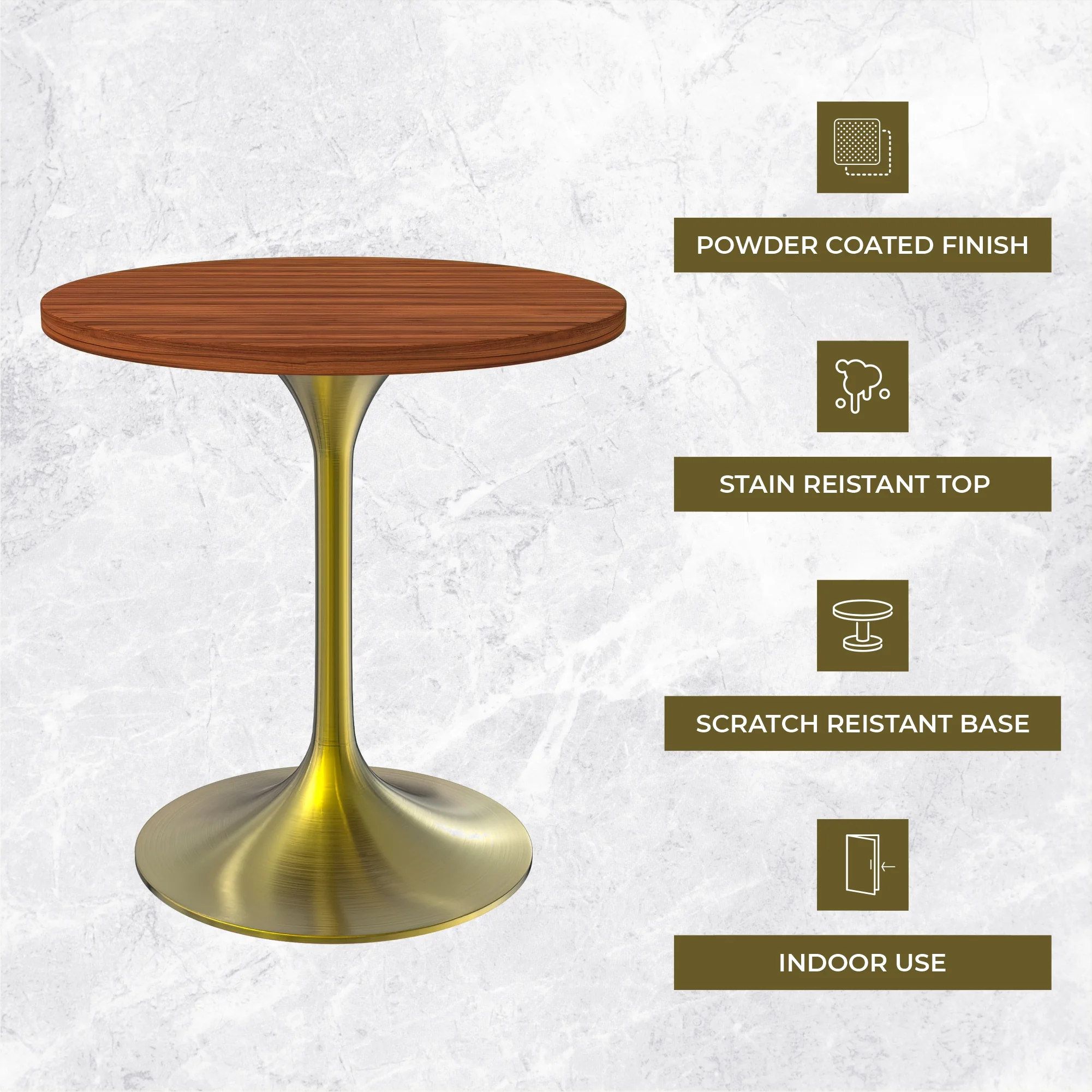 Verve Collection 27" Round Dining Table, Brushed Gold Base with Cognac Brown MDF Top