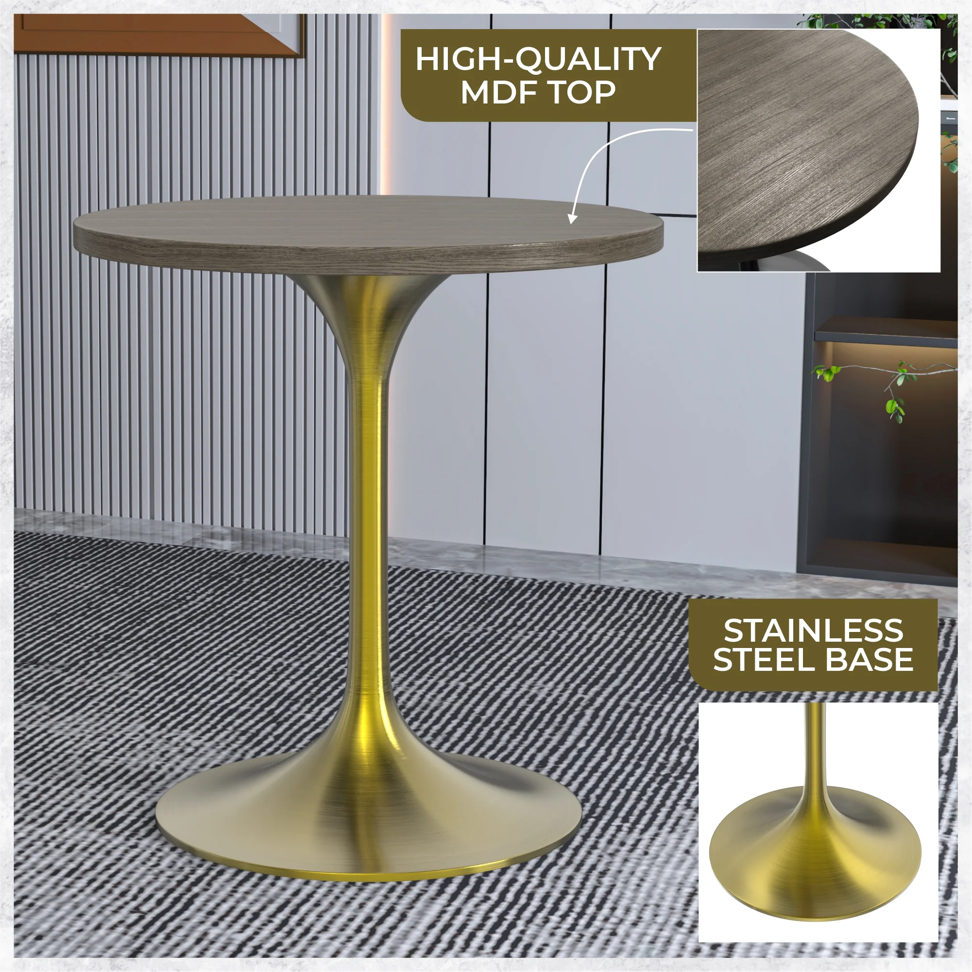 Verve Collection 27" Round Dining Table, Brushed Gold Base with Dark Maple MDF Top