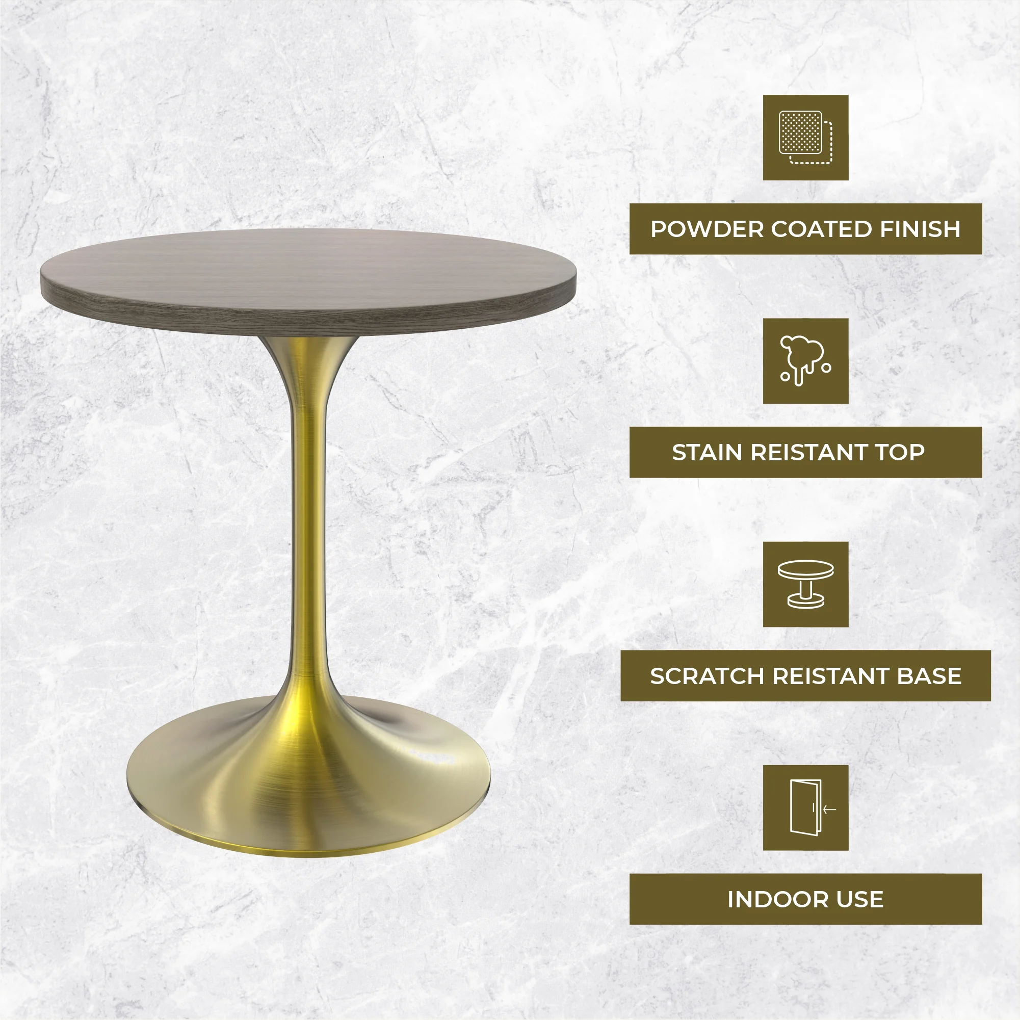 Verve Collection 27" Round Dining Table, Brushed Gold Base with Dark Maple MDF Top