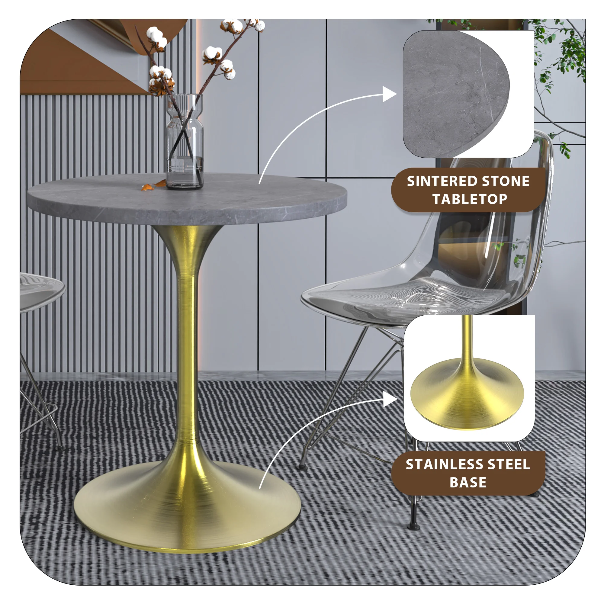 Verve Collection 27 Round Dining Table, Brushed Gold Base with Sintered Stone Grey Top