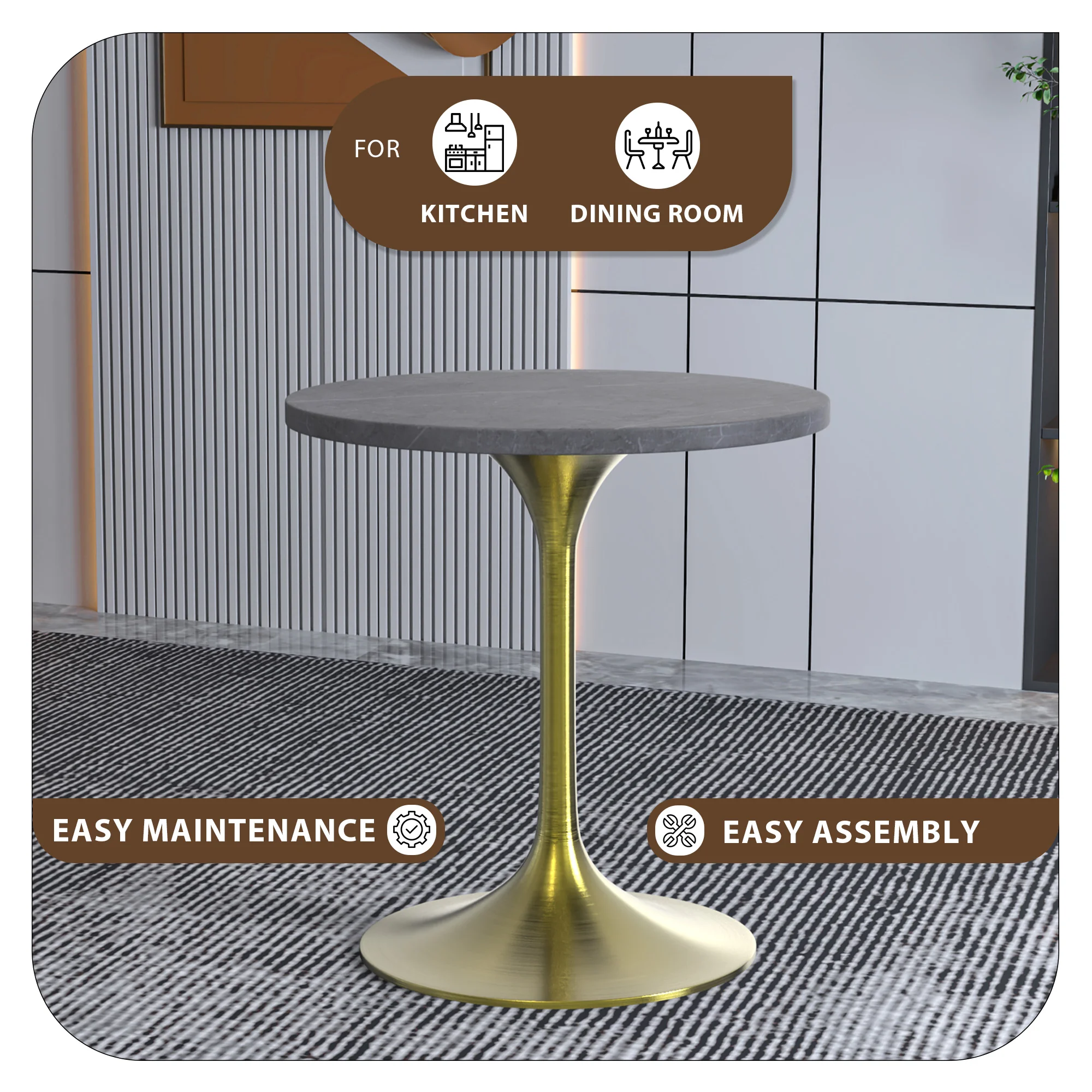 Verve Collection 27 Round Dining Table, Brushed Gold Base with Sintered Stone Grey Top