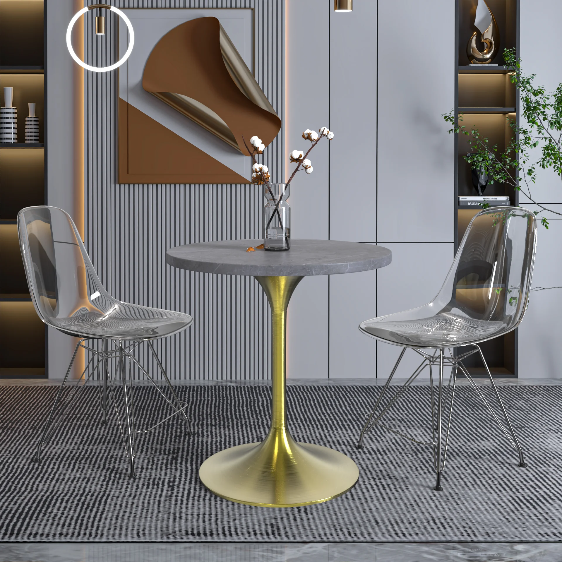 Verve Collection 27 Round Dining Table, Brushed Gold Base with Sintered Stone Grey Top