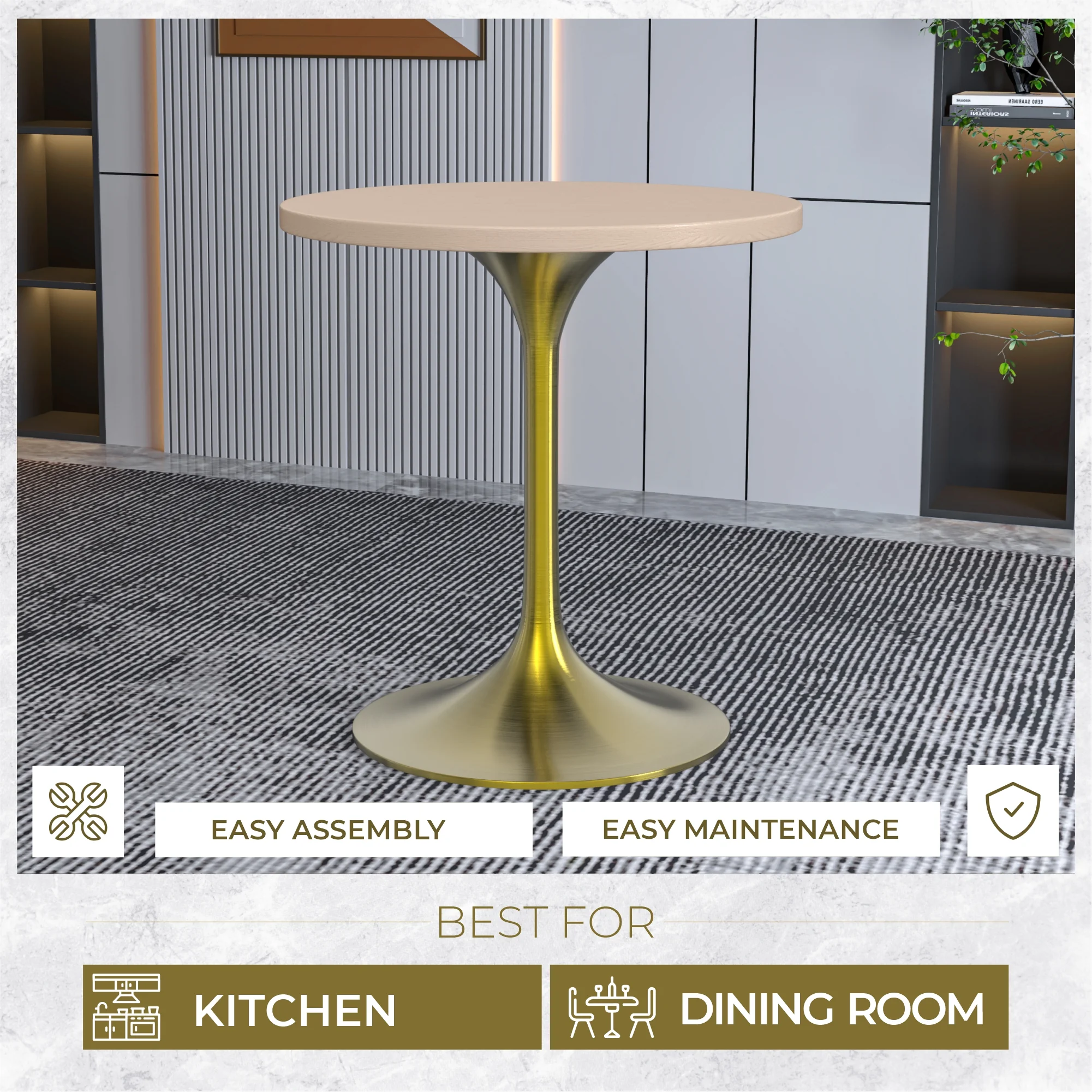 Verve Collection 27" Round Dining Table, Brushed Gold Base with Light Natural Wood MDF Top