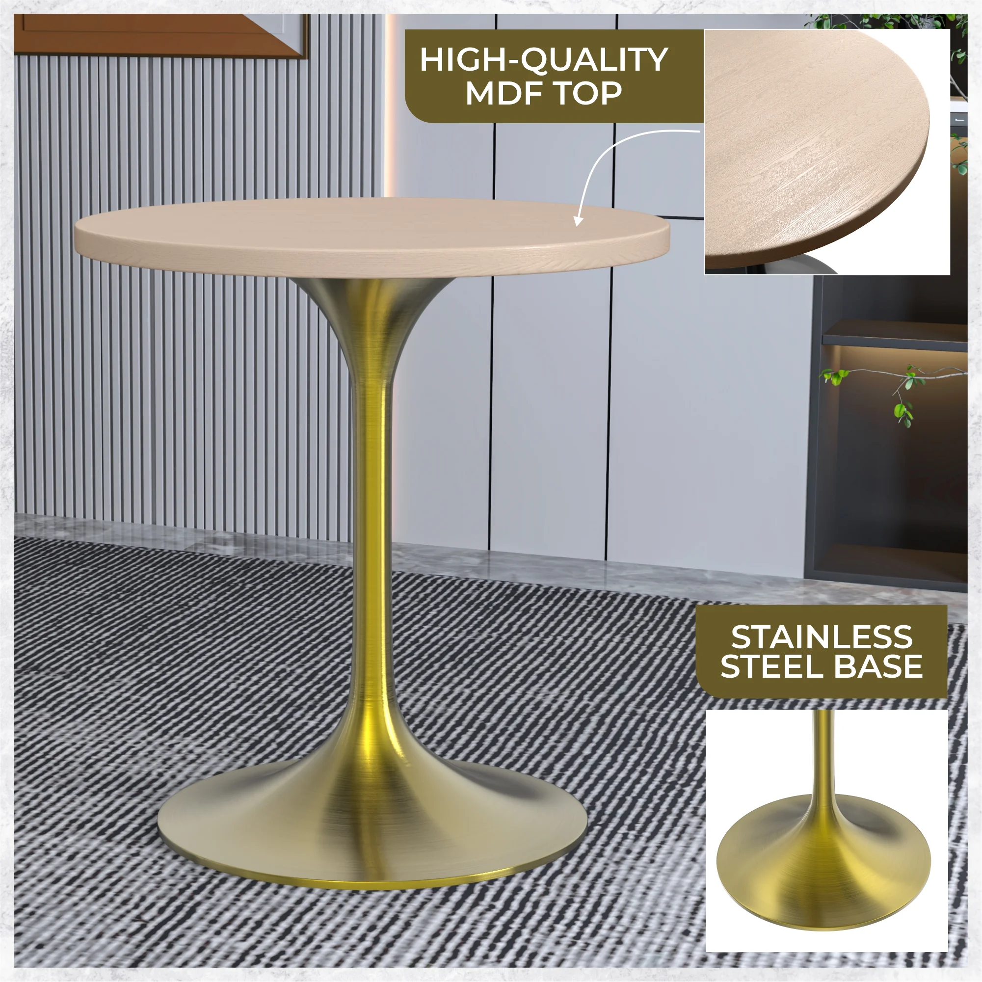 Verve Collection 27" Round Dining Table, Brushed Gold Base with Light Natural Wood MDF Top