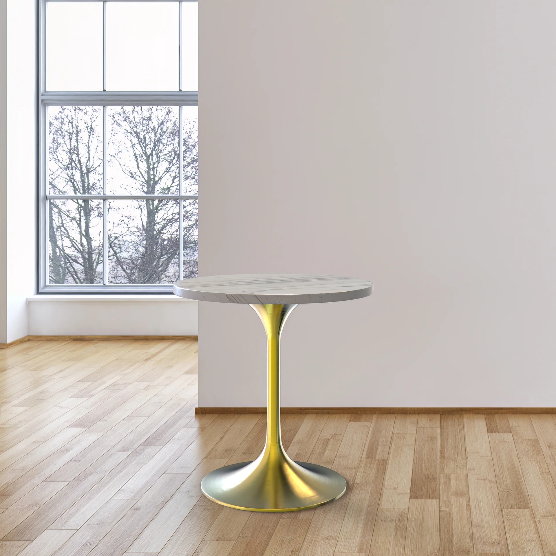 Verve Collection 27 Round Dining Table, Brushed Gold Base with Laminated White Marbleized Top