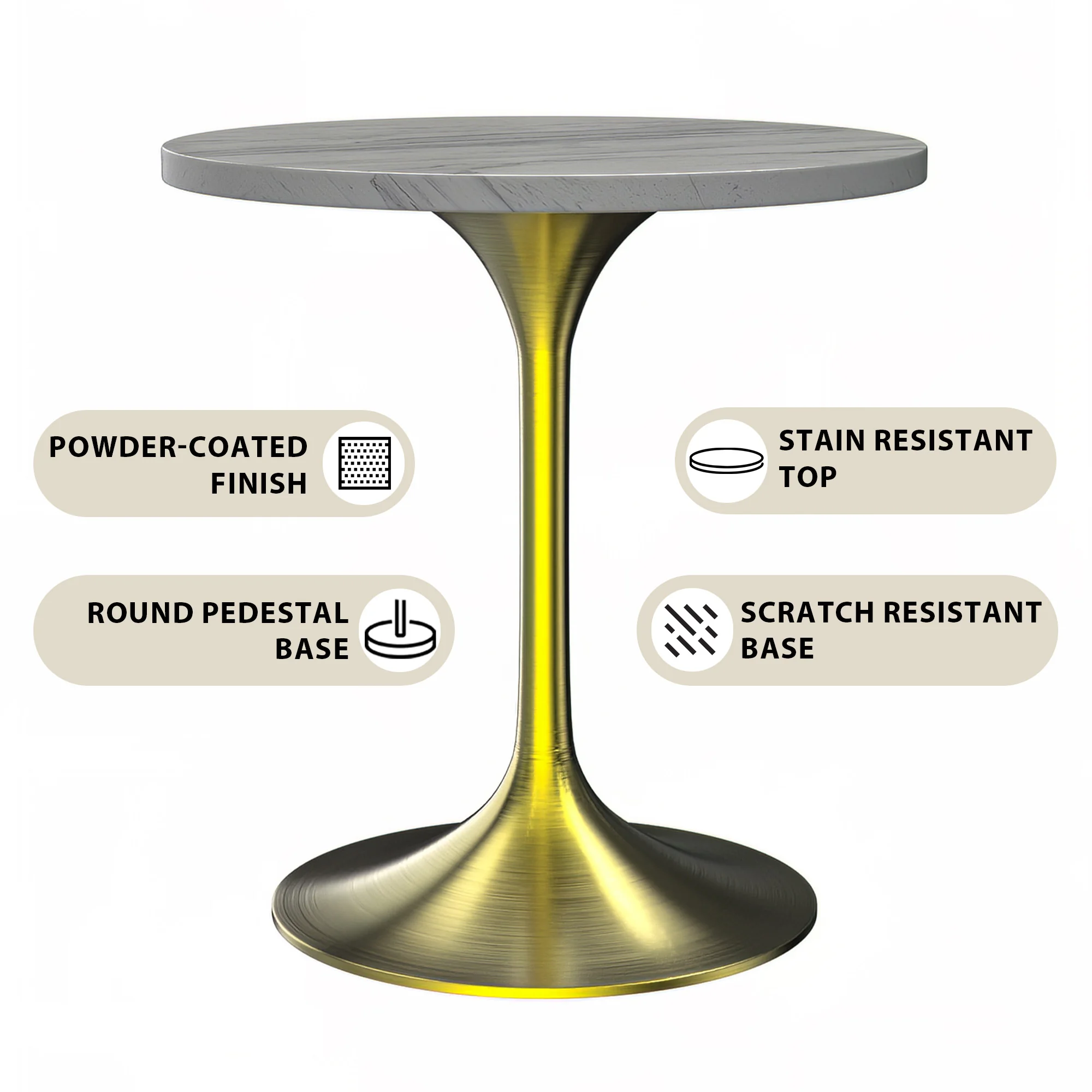 Verve Collection 27 Round Dining Table, Brushed Gold Base with Laminated White Marbleized Top