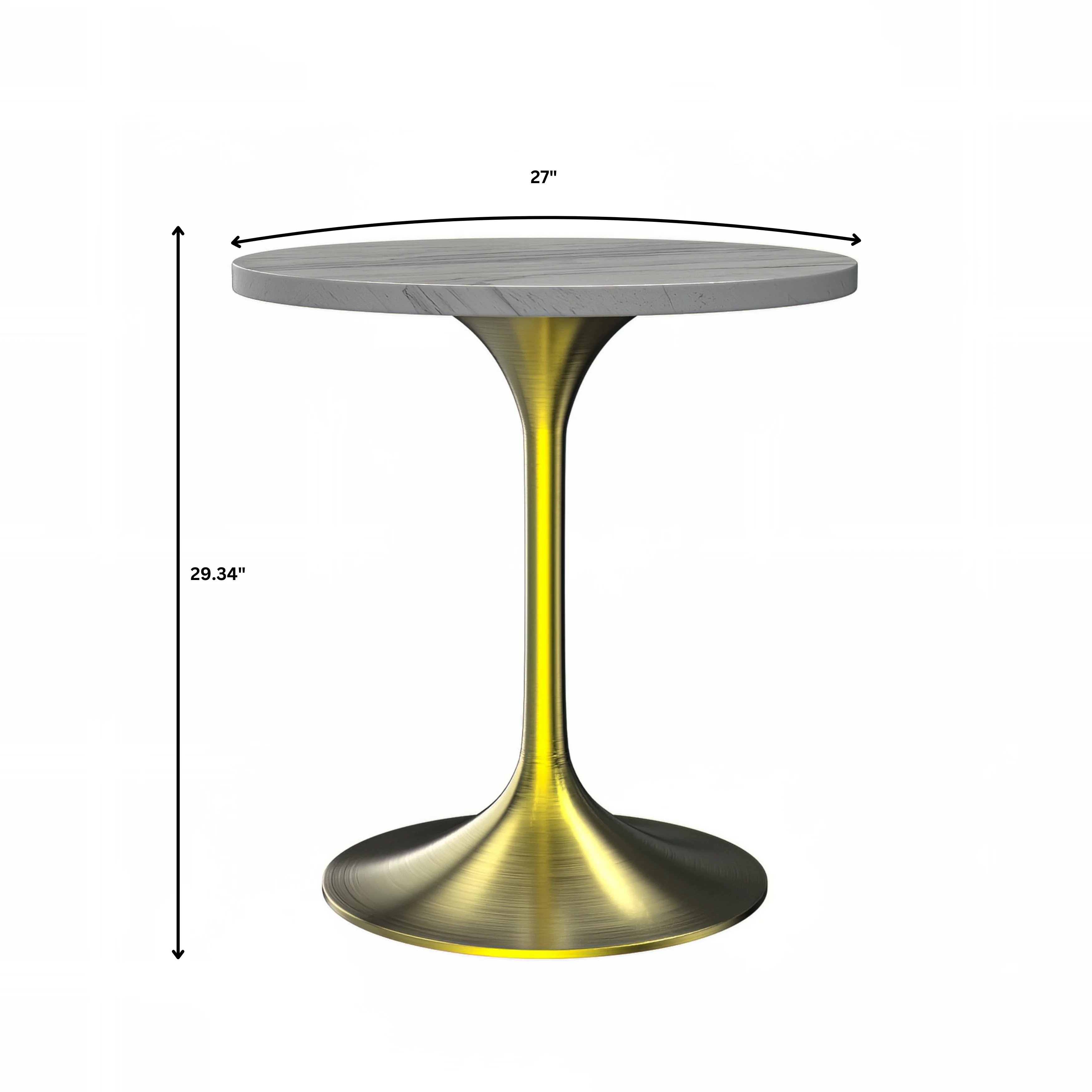 Verve Collection 27 Round Dining Table, Brushed Gold Base with Laminated White Marbleized Top