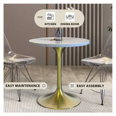 Verve Collection 27 Round Dining Table, Brushed Gold Base with Laminated White Marbleized Top