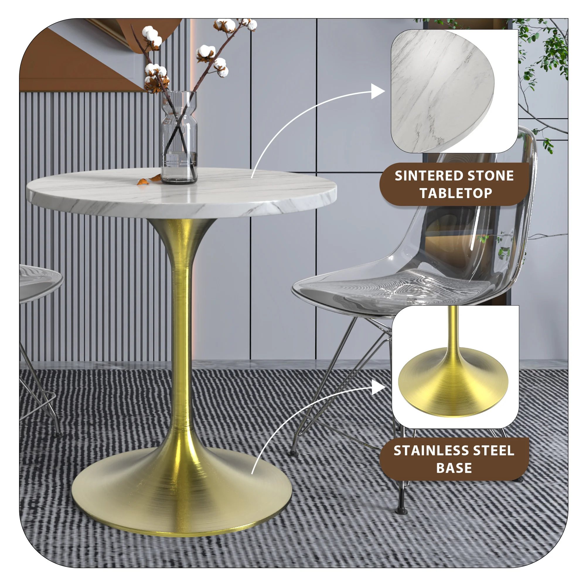 Verve Collection 27 Round Dining Table, Brushed Gold Base with Sintered Stone White Top