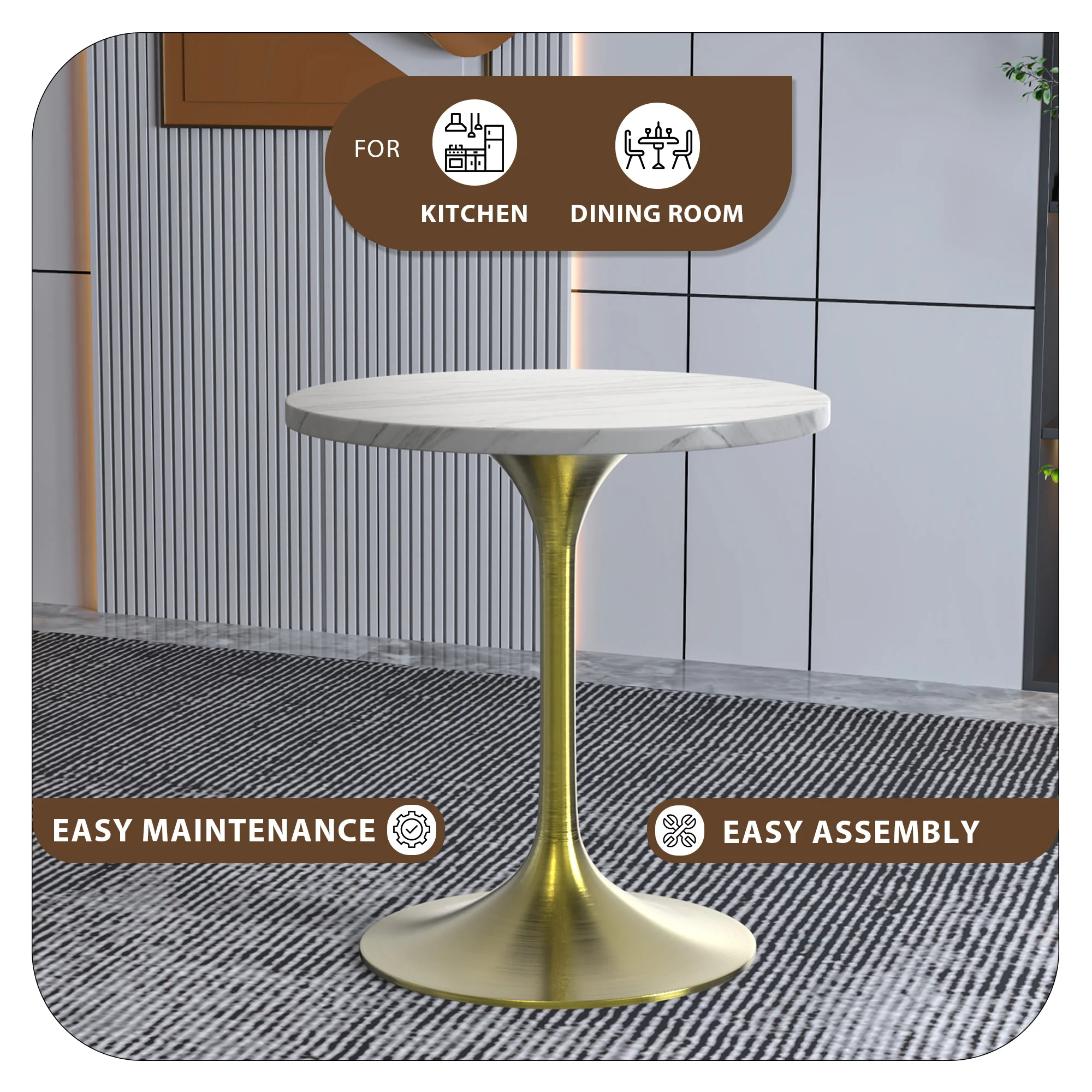 Verve Collection 27 Round Dining Table, Brushed Gold Base with Sintered Stone White Top